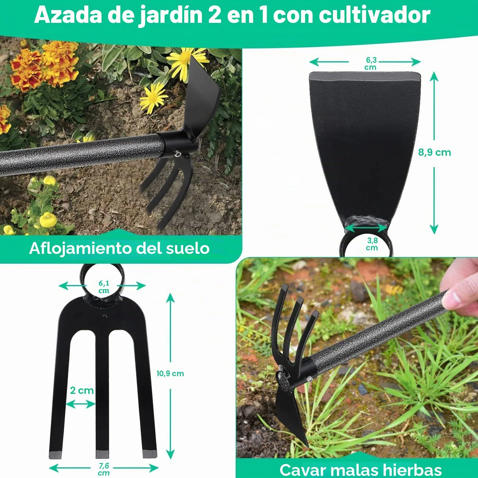 Cultivador de jardín y azada doble ajustable 2 en 1 de acero 45 pulgadas
