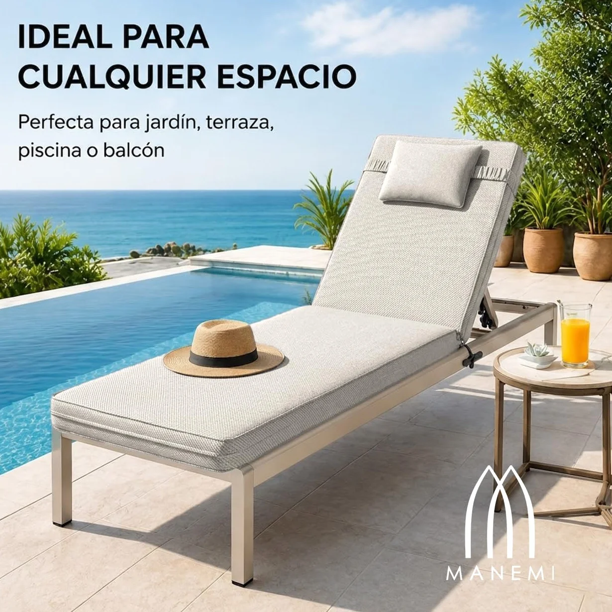MANEMI Cojín para Tumbona 190x57x8cm Acolchado Espuma Desenfundable Cremallera Poliéster Resistente Cintas Sujeción Jardín Terraza Piscina