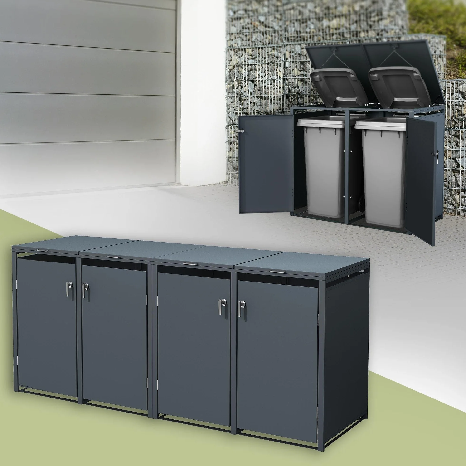 ML-Design Caseta de Acero para Jardín Exterior Cobertizo para 4 Cubos de Basura 240L Antracita 264x80x116,3 cm