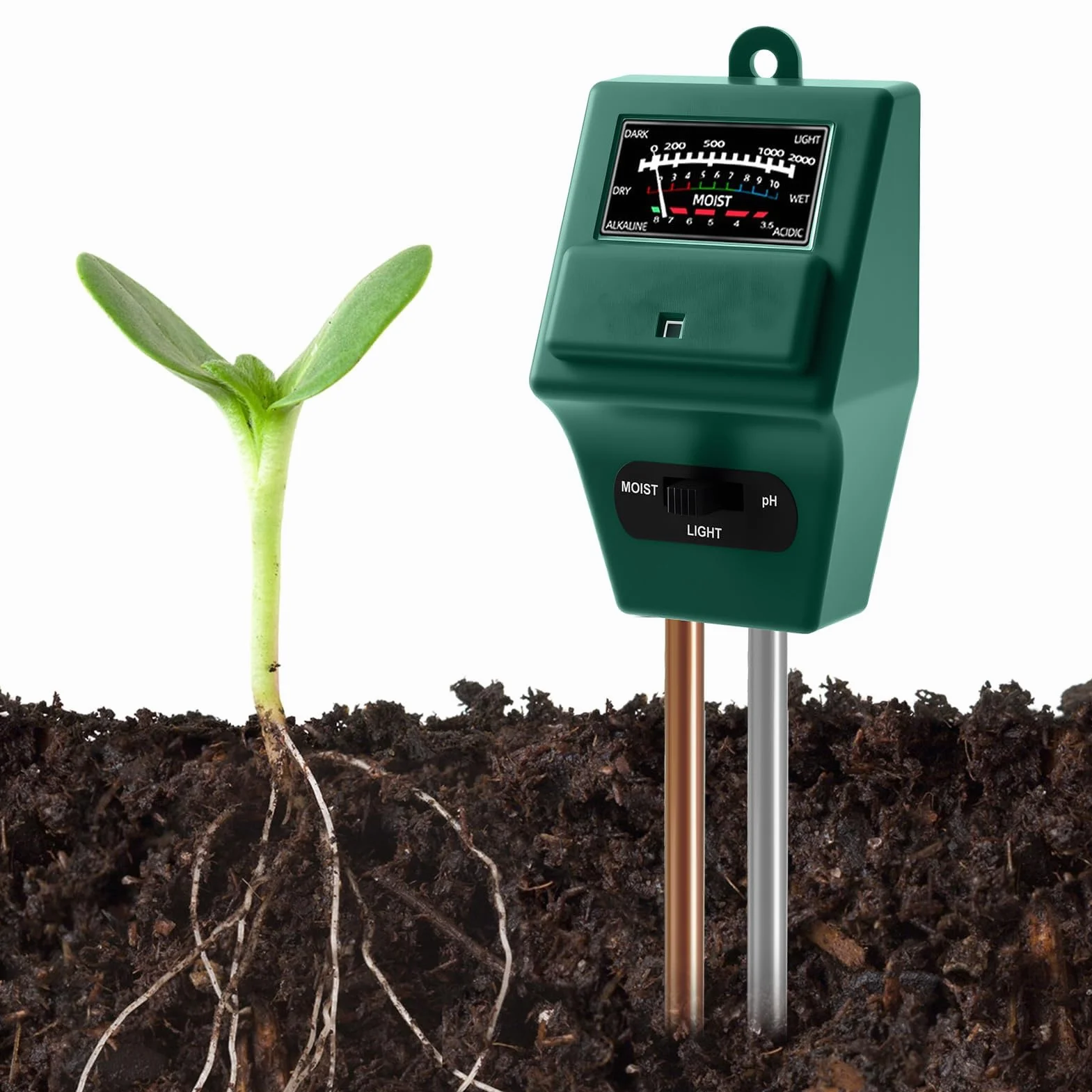 Medidor de Humedad y pH de Suelo, Higrómetro Sensor de Luz Preciso para Plantas Interior y Exterior