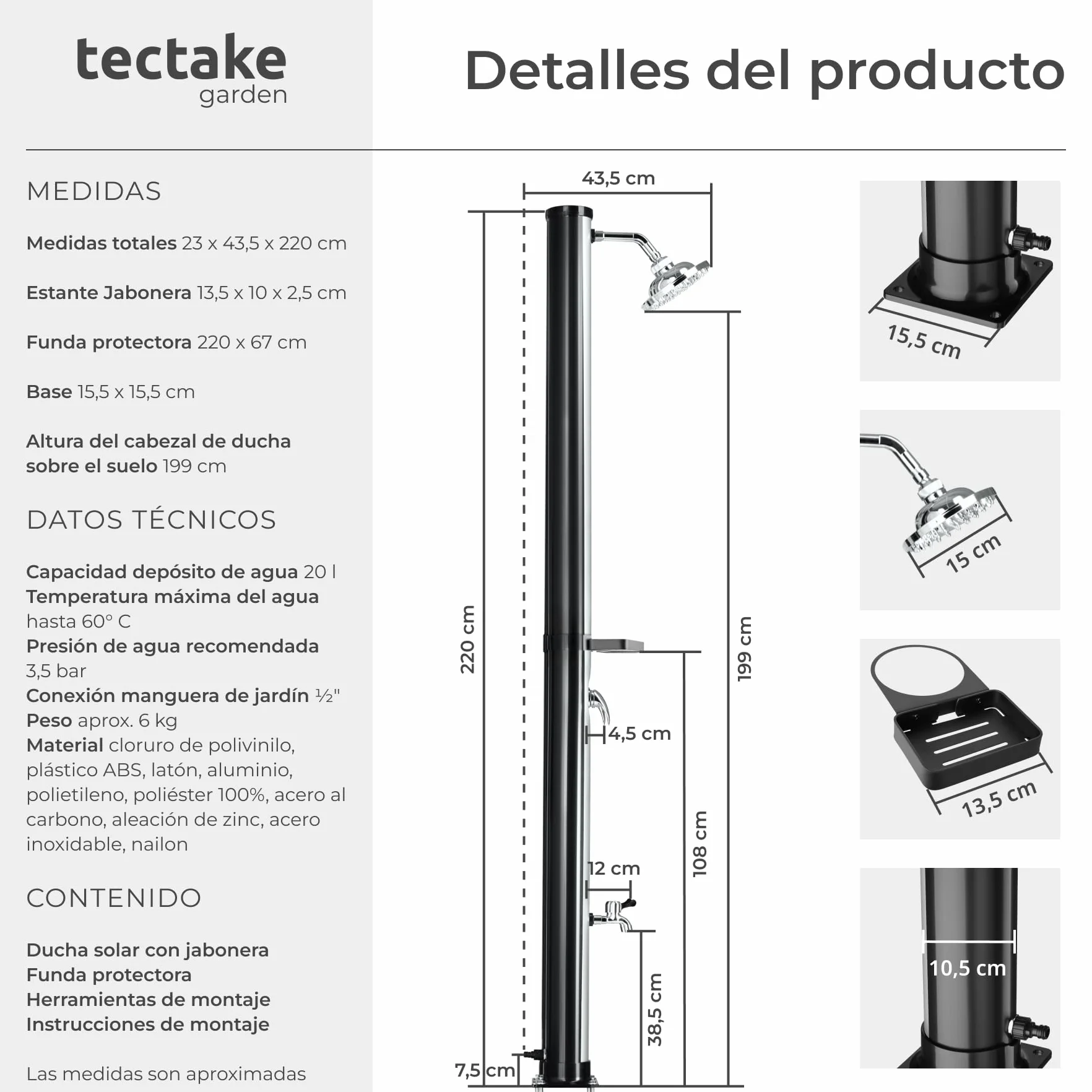 Tectake Ducha Solar Exterior 20 L 360° Resistente Intemperie Negro/Plata