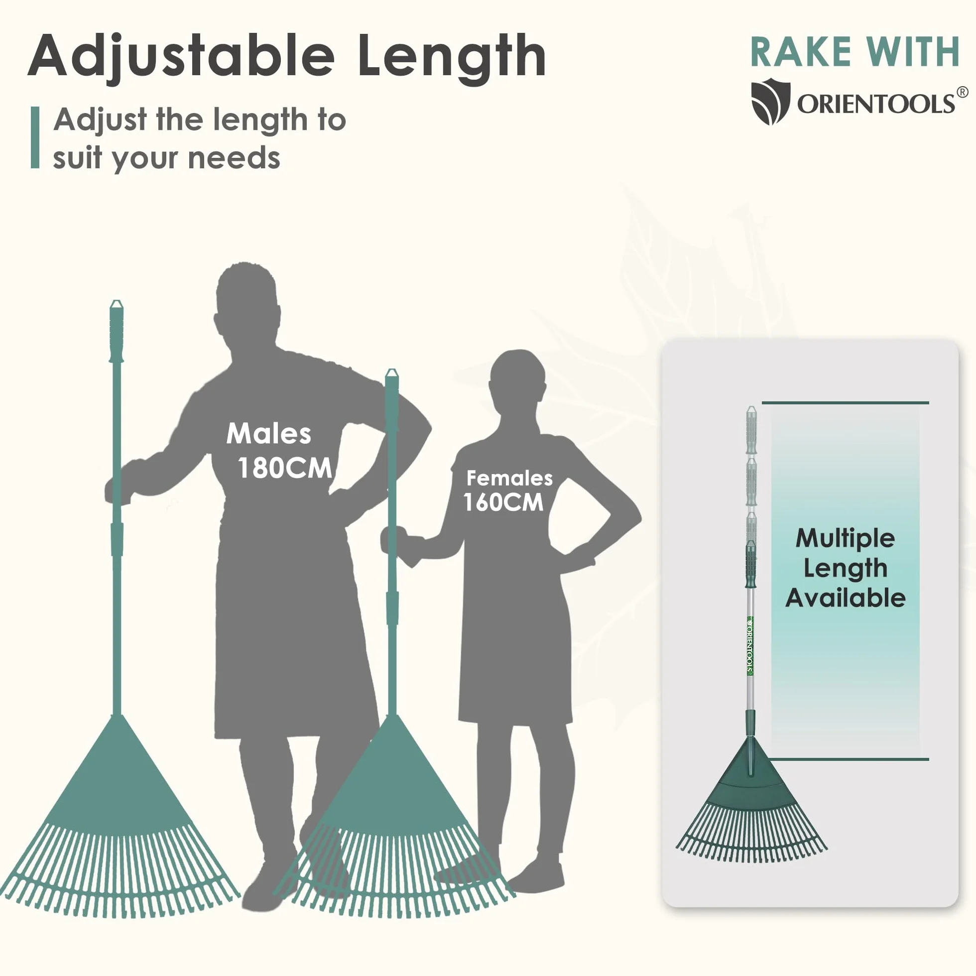 ORIENTOOLS Rastrillo de Hojas de Jardín, Mango de Acero Ajustable, 26 Dientes, 110-168 cm