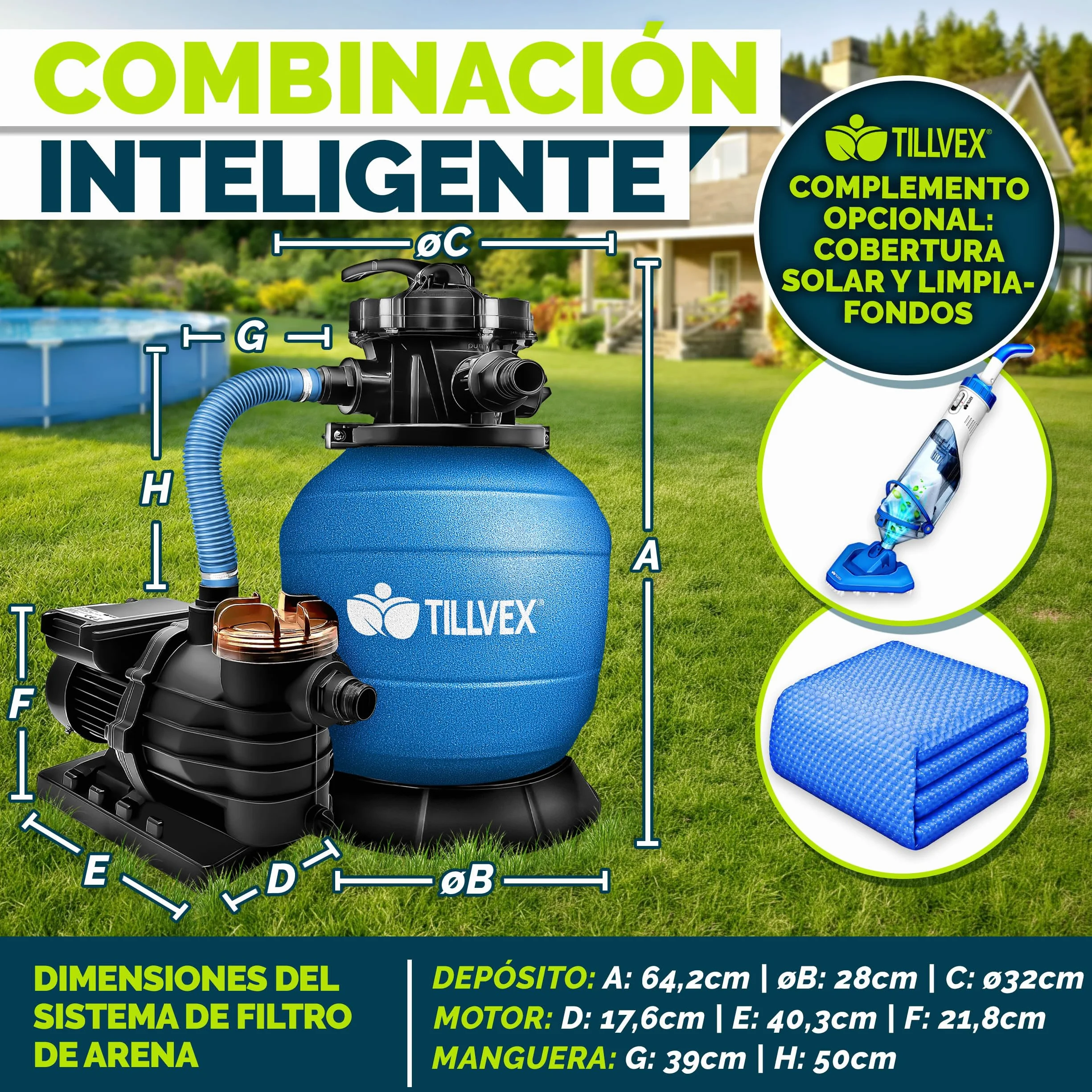 Tillvex Depuradora de Agua para Piscina 10 m³/h Bomba de Filtro de Arena con Válvula Azul