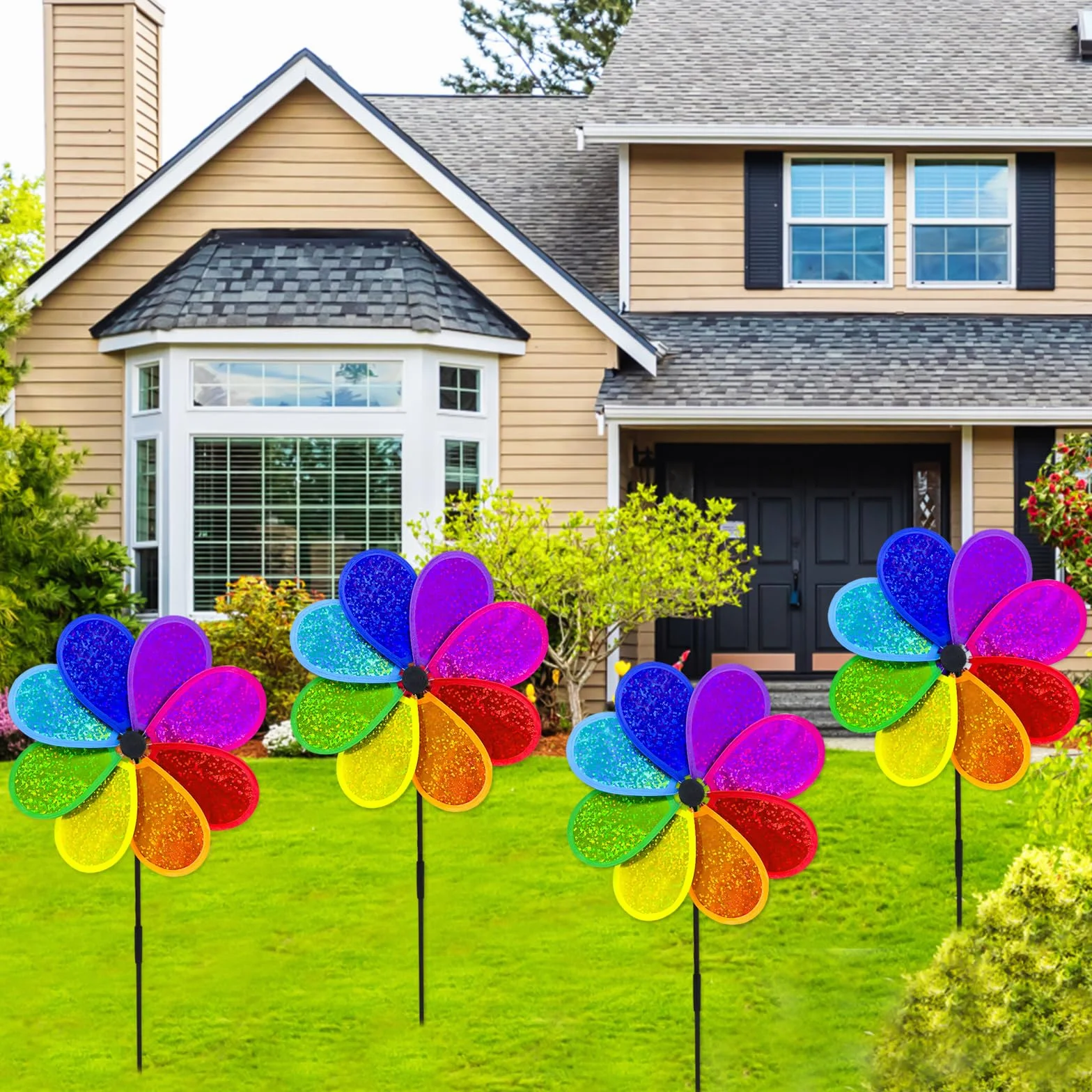 Molino de viento con flores arco iris spinner decoración jardín 4 piezas