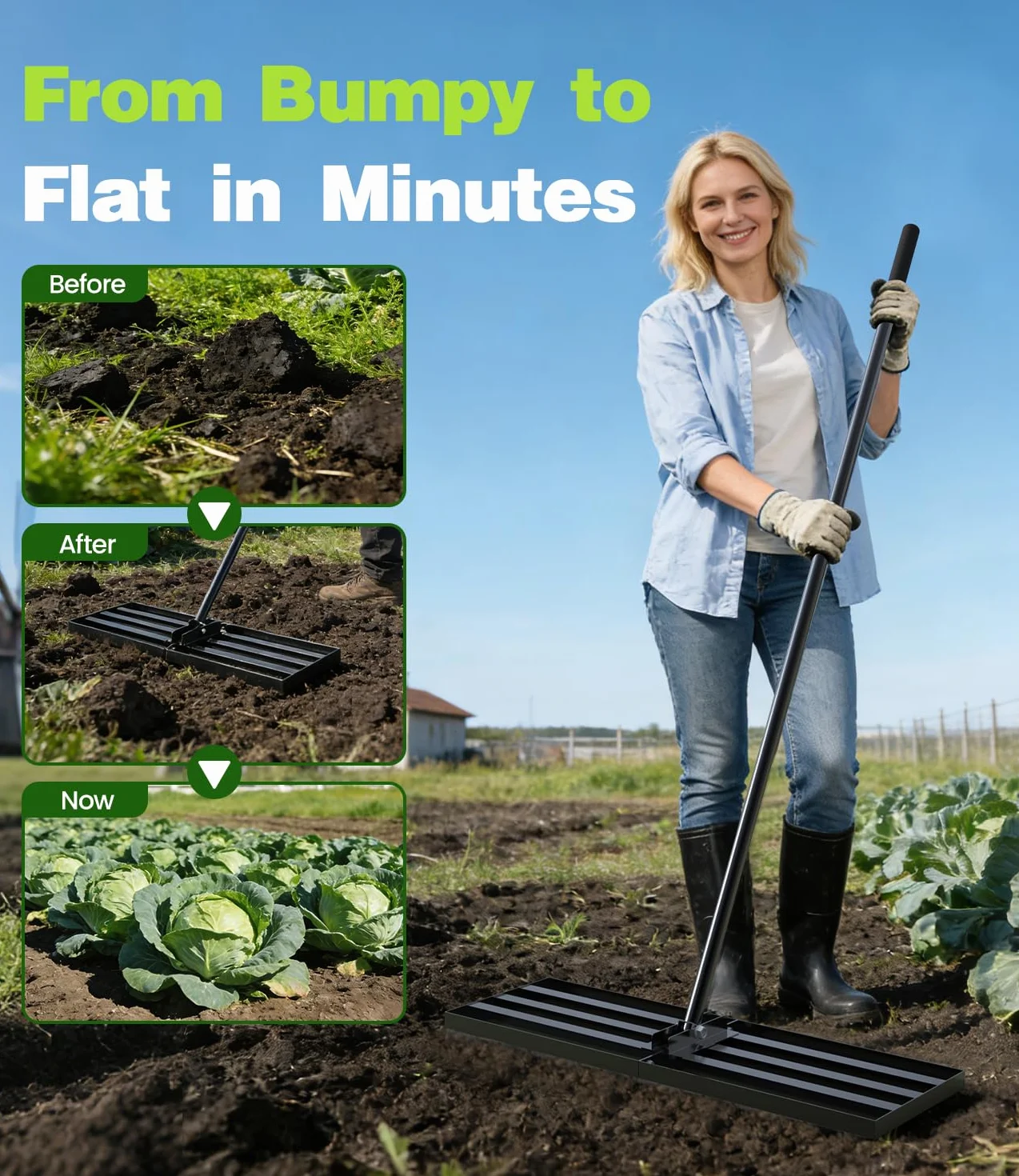Professional Lawn Leveling Rake with Adjustable Handle, 204x76x25cm Heavy Duty Metal Ground Leveler for Garden