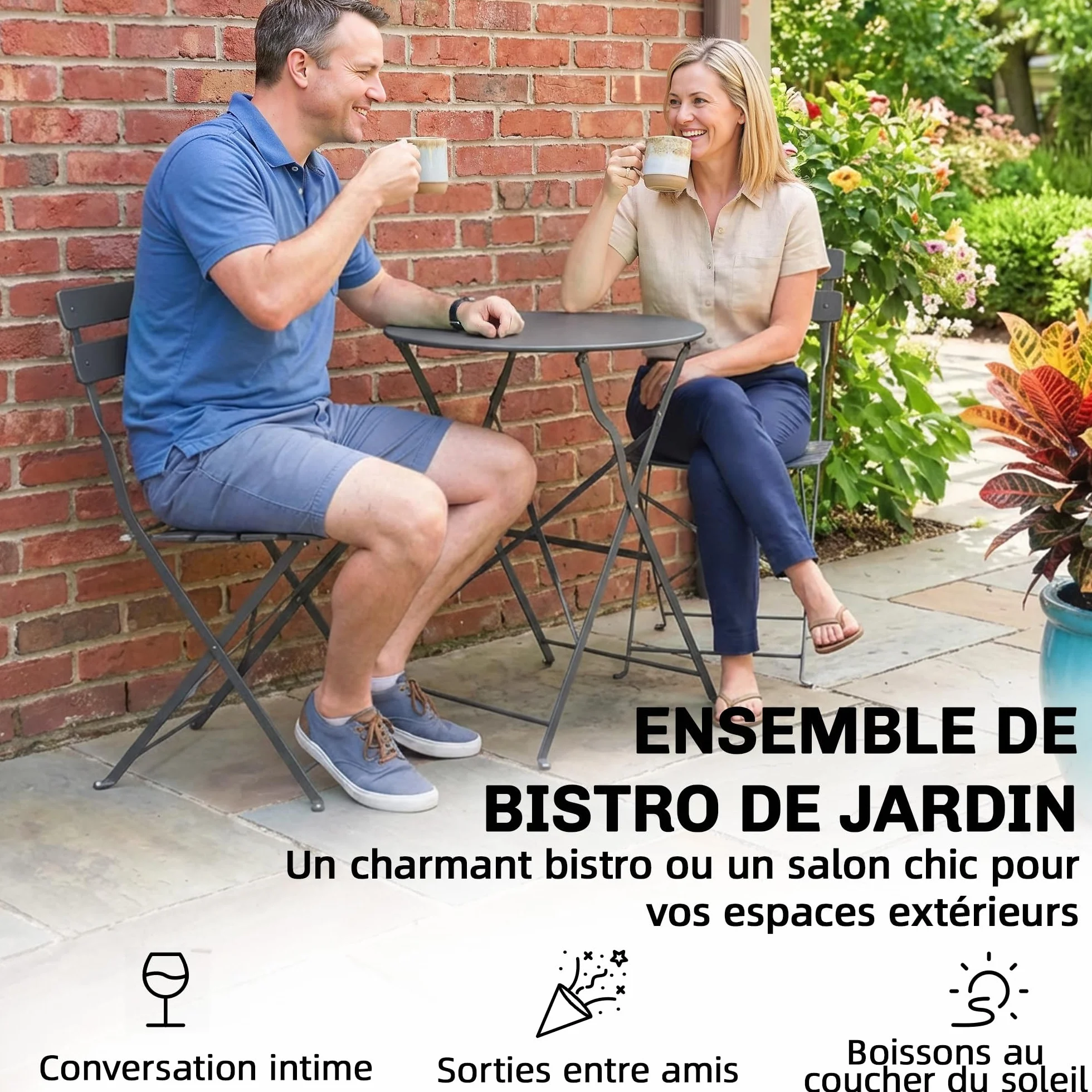 Outsunny Juego de bistró de jardín 3 piezas mesa 2 sillas plegables metal negro