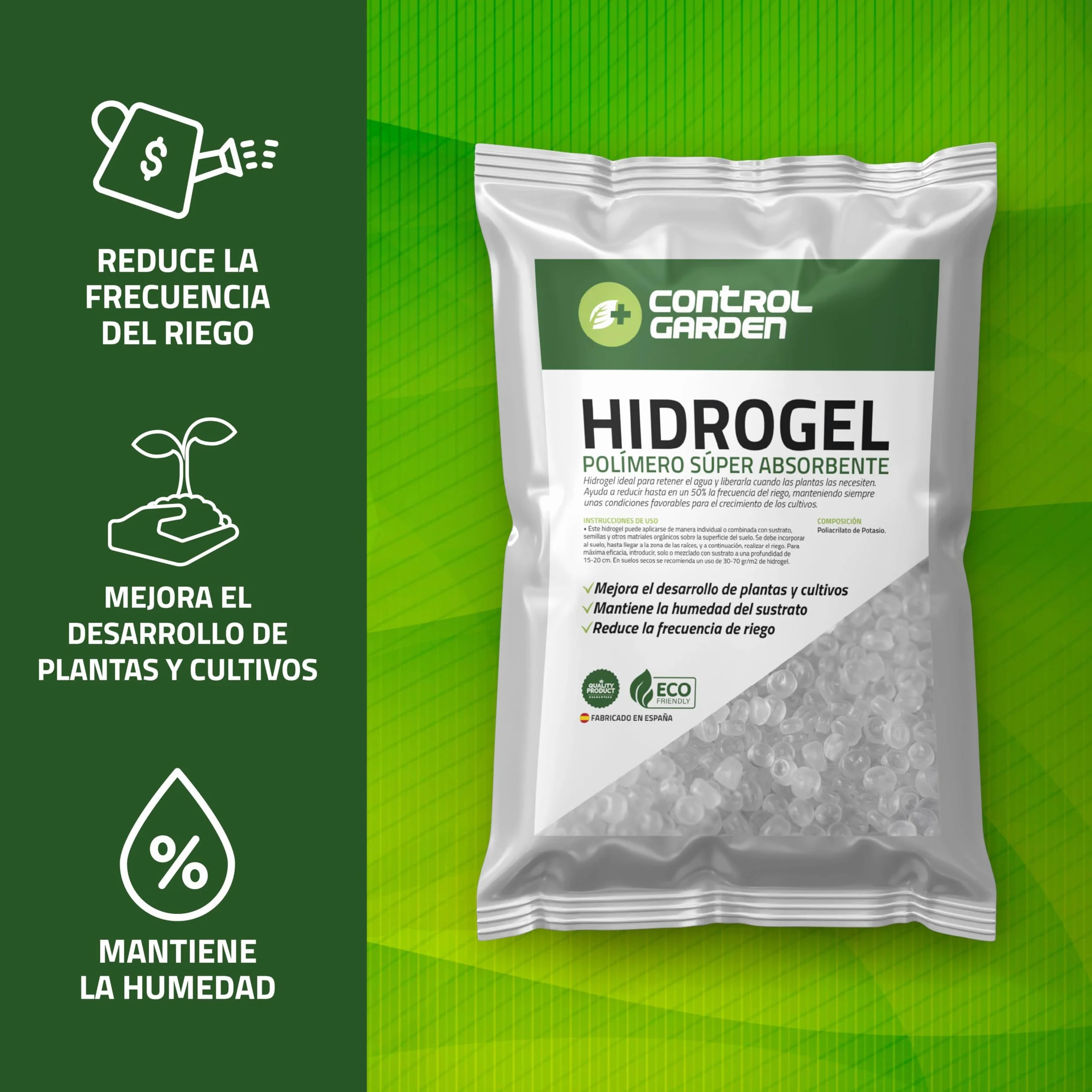 GROWMANIA.ES Hidrogel Retenedor de Agua 1 KG Polímero Súper Absorbente para Plantas hasta 300 L