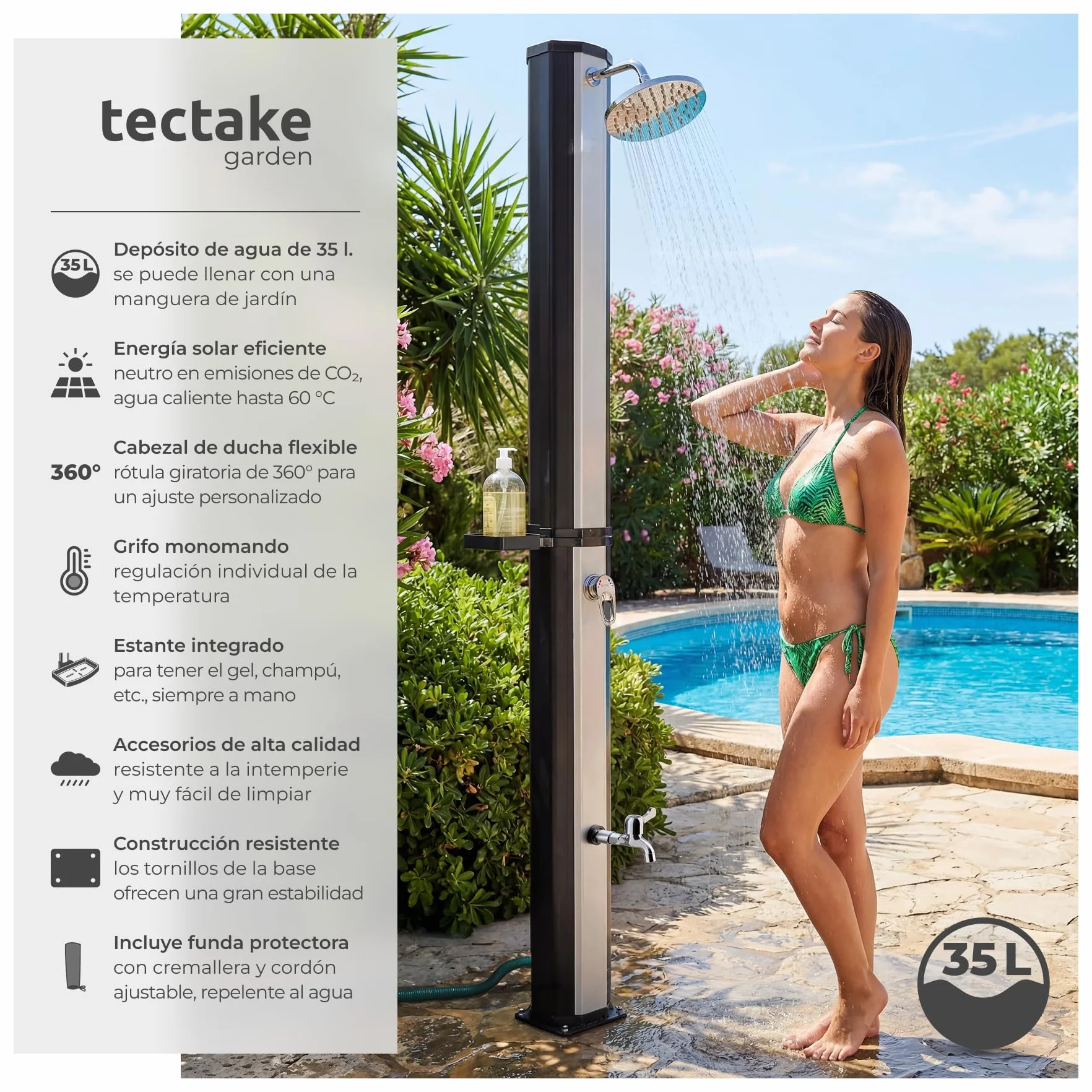 Tectake Ducha Solar Exterior 35L Negro/Plata Resistente Intemperie Alcachofa 360°