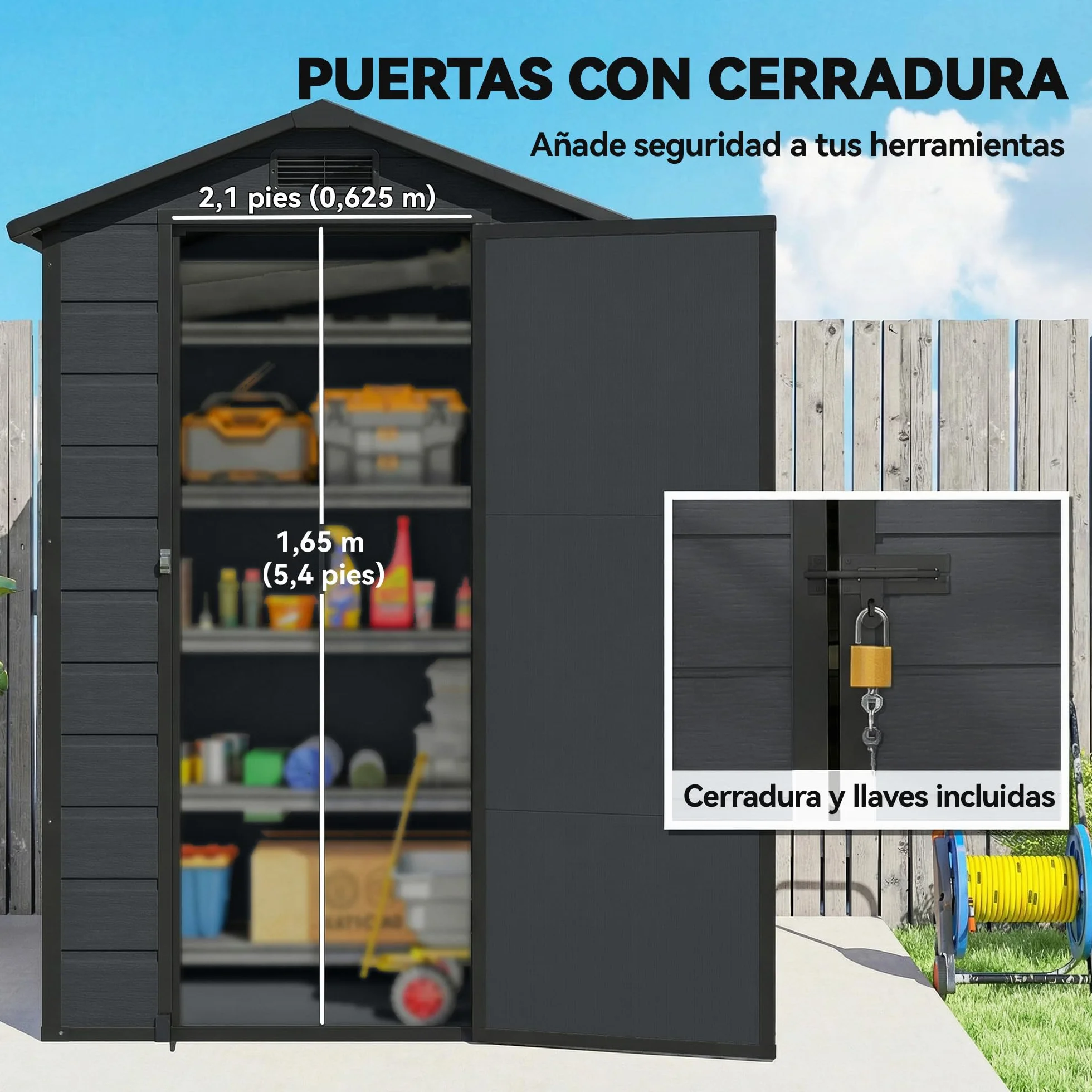 Outsunny Caseta de Jardín Exterior 1,09 m² 128x104x196 cm Cobertizo de Plástico con Suelo Puerta con Cerradura Gris Oscuro