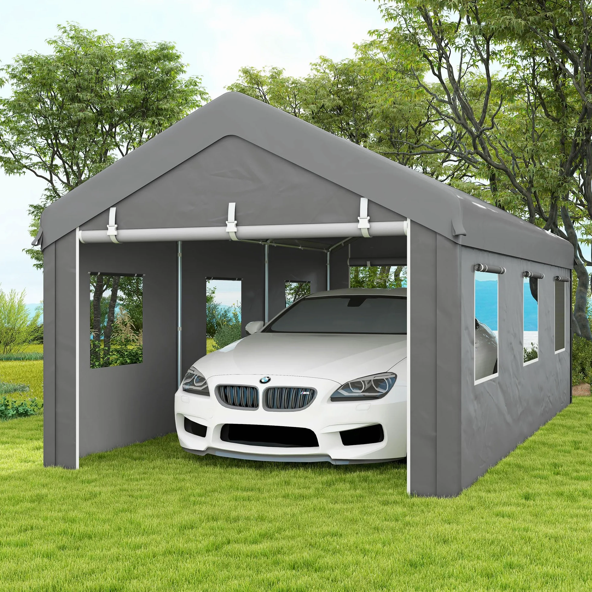 Outsunny Tente cochera Garaje 6L x 2,95l x 2,78H m Acero galvanizado PE Alta Densidad 160 g/m² Impermeable Anti-UV 2 Puertas enrollables 6 Ventanas