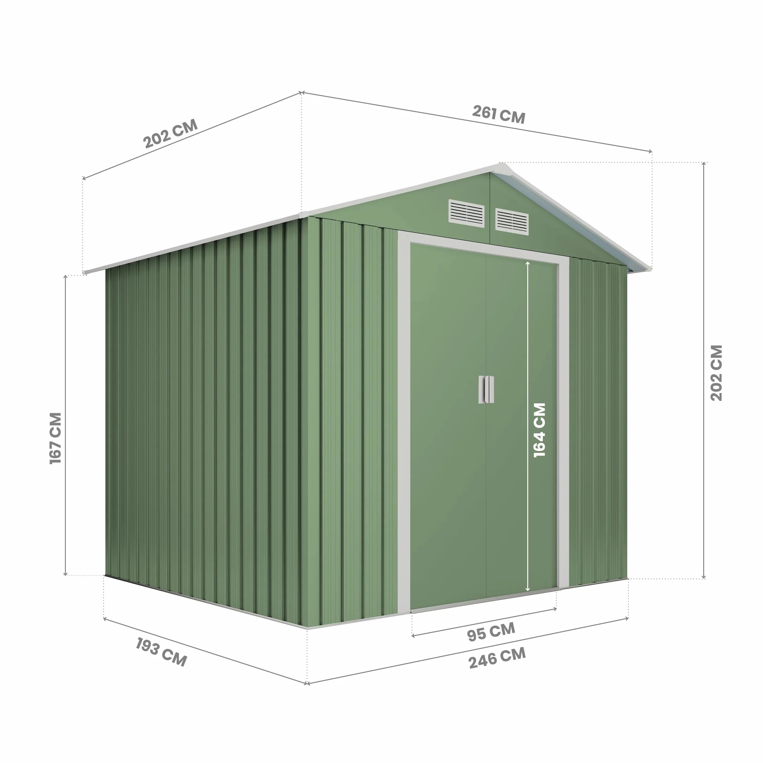 Wasabi Caseta Jardín Exterior 5,27 m2 Light Green Doble Puerta Corredera Cobertizo Metálico Almacenaje