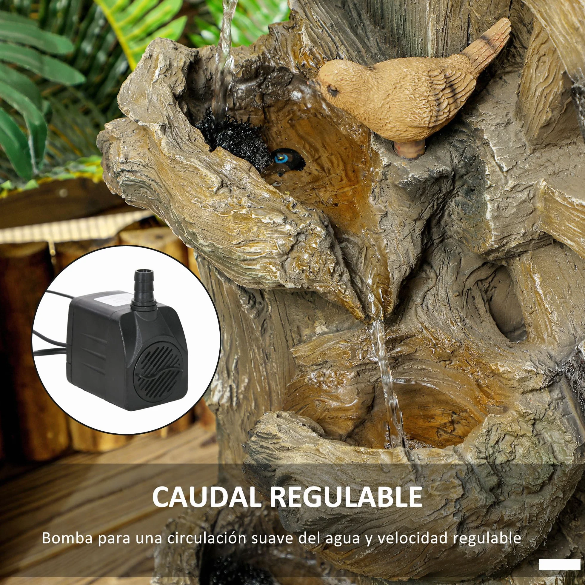 Outsunny Fuente de Agua 2 en 1 con Casita para Pájaros Fuente de Jardín con Iluminación LED Fuente Decorativa en Cascada de 4 Niveles para Jardín Patio Terraza 34,5x29,5x92 cm Multicolor