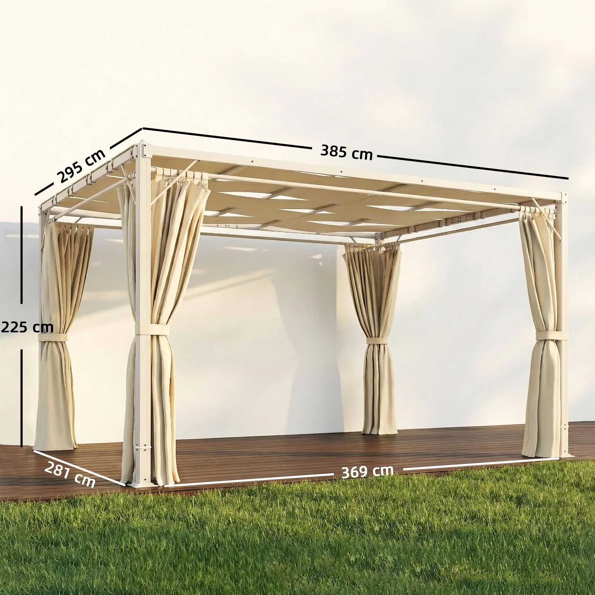 Outsunny Pérgola de Jardín 3x4 m Cenador con Techo Ondulado, Cortinas Desmontables, Estructura Acero, Protección UPF50+, Beige
