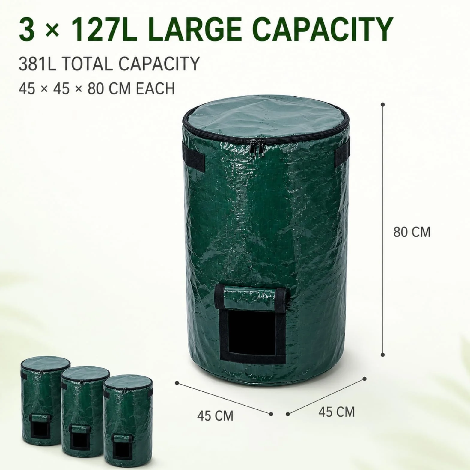 3 x 127 L Bolsas para Residuos de Jardín con Asas y Tapa | Stabile Gartensäcke und Laubsäcke, selbststehend und wiederverwendbar, mit verstärkten Griffen und Bodenöffnung
