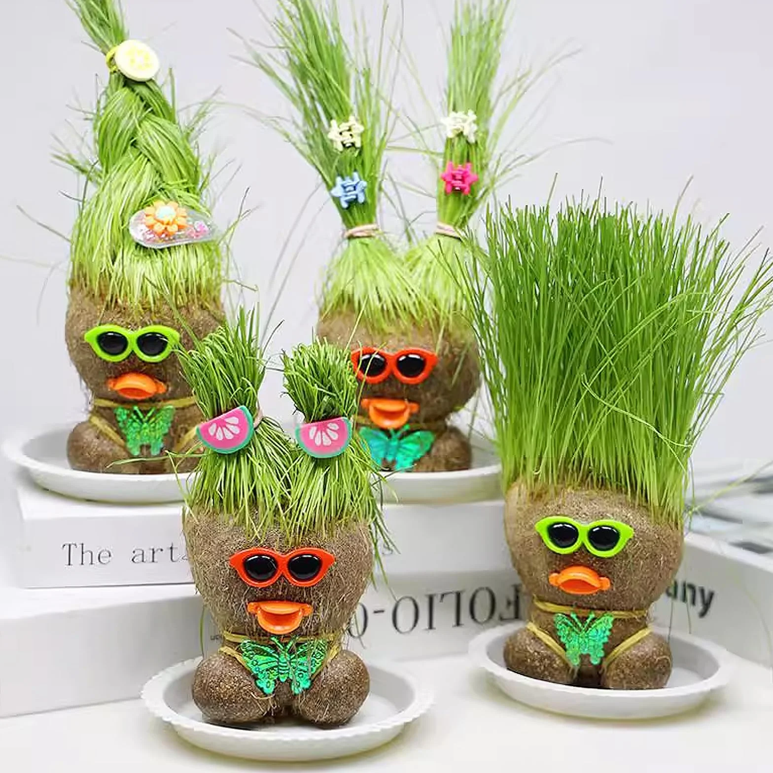 Maceta Cabeza de Muñeca Planta de Hierba con Bandeja, Set de 2, Plantas en Maceta para Niños