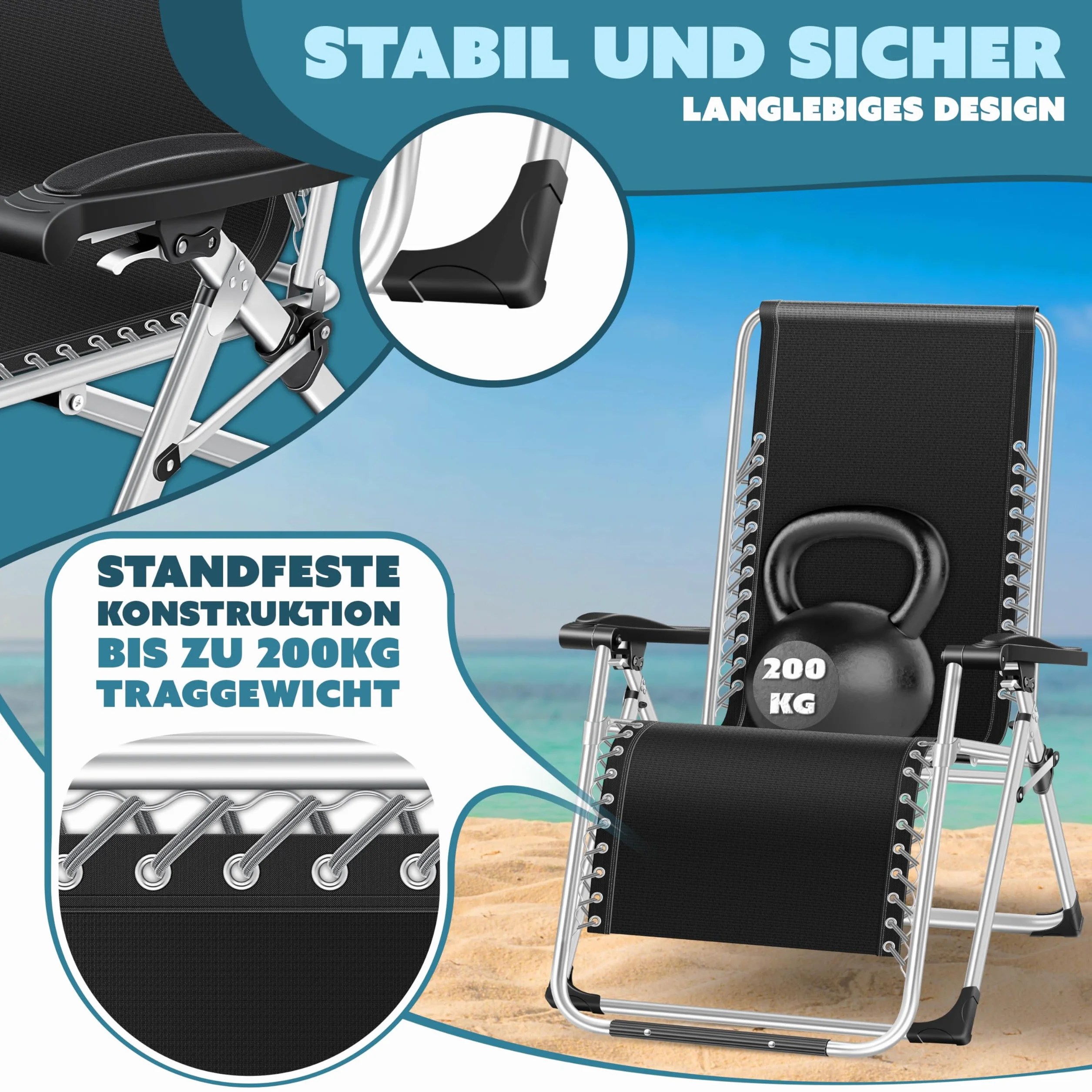 KESSER® Tumbona Plegable XXL, Resistente a la Intemperie, Capacidad de Carga 200kg, Tapizado Ergonómico, Respaldo Ajustable, Cojín Cervical, Portavasos y Cojín para Brazos, Basic - Gris