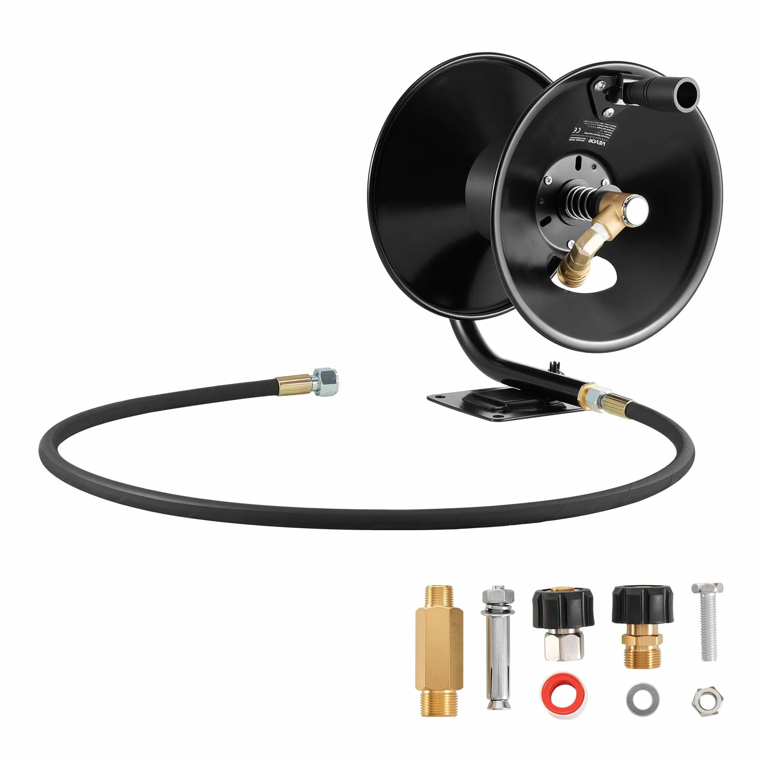 VEVOR Carrete de Manguera para Hidrolavadora, de Acero, con Soporte para Pared y Suelo, Presión Máxima de 275,8 bar, con Manivela Manual para Lavado de Coches, Suelo y Jardín, 15,2 m x 9,5 mm