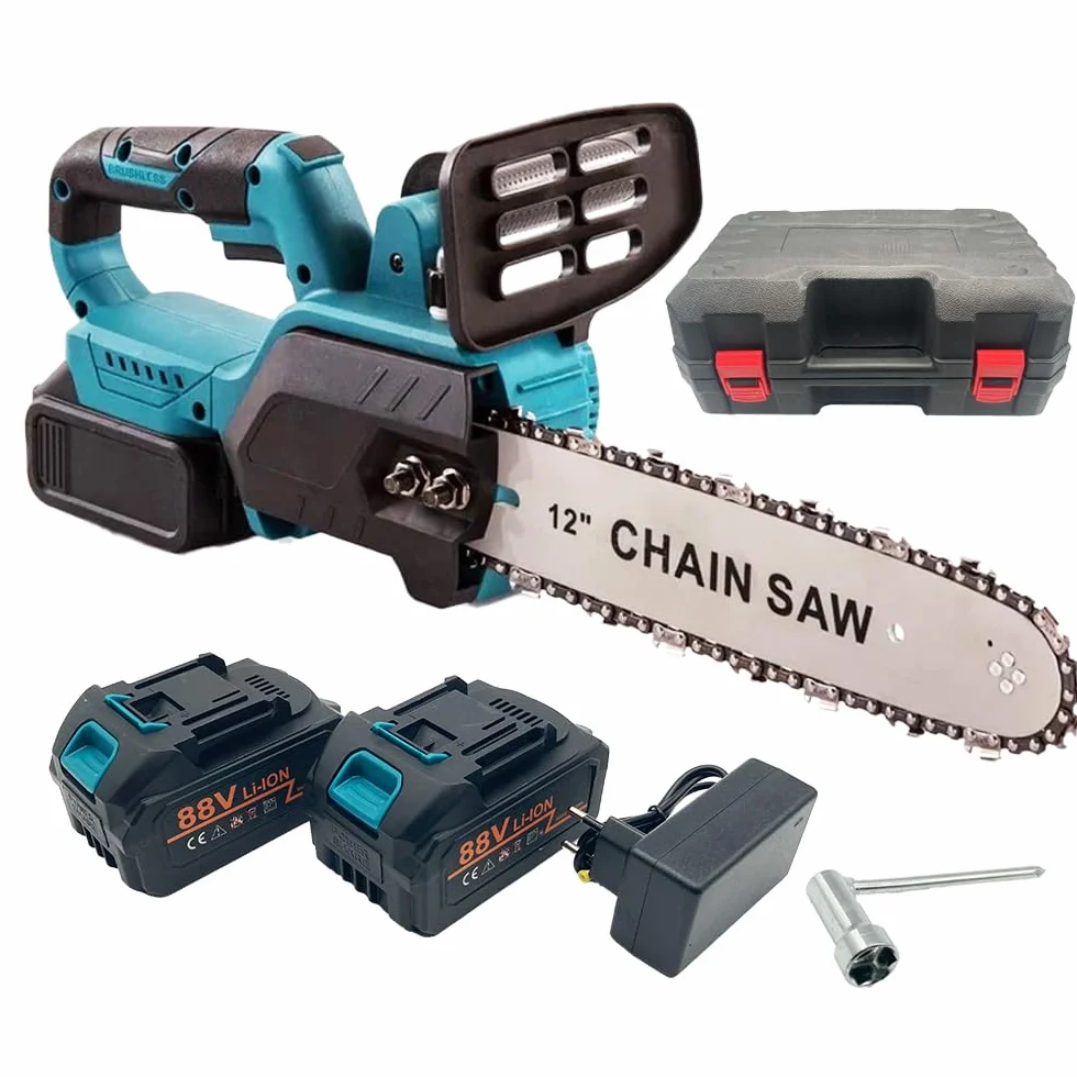 Motosierra eléctrica a batería con barra de 12 pulgadas, 2 baterías recargables, lubricación automática, maletín, poda y corte de madera, ideal para poda y jardinería