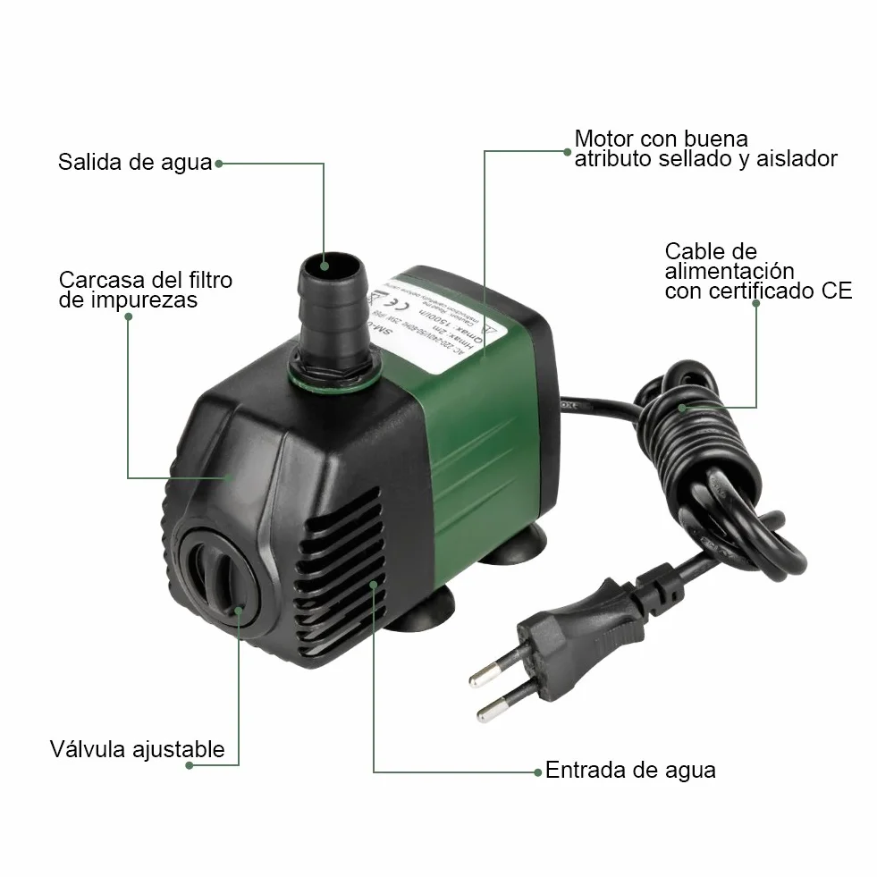 Bomba de Agua Sumergible 1500L/H 25W para Acuario Estanque con 2 Boquillas