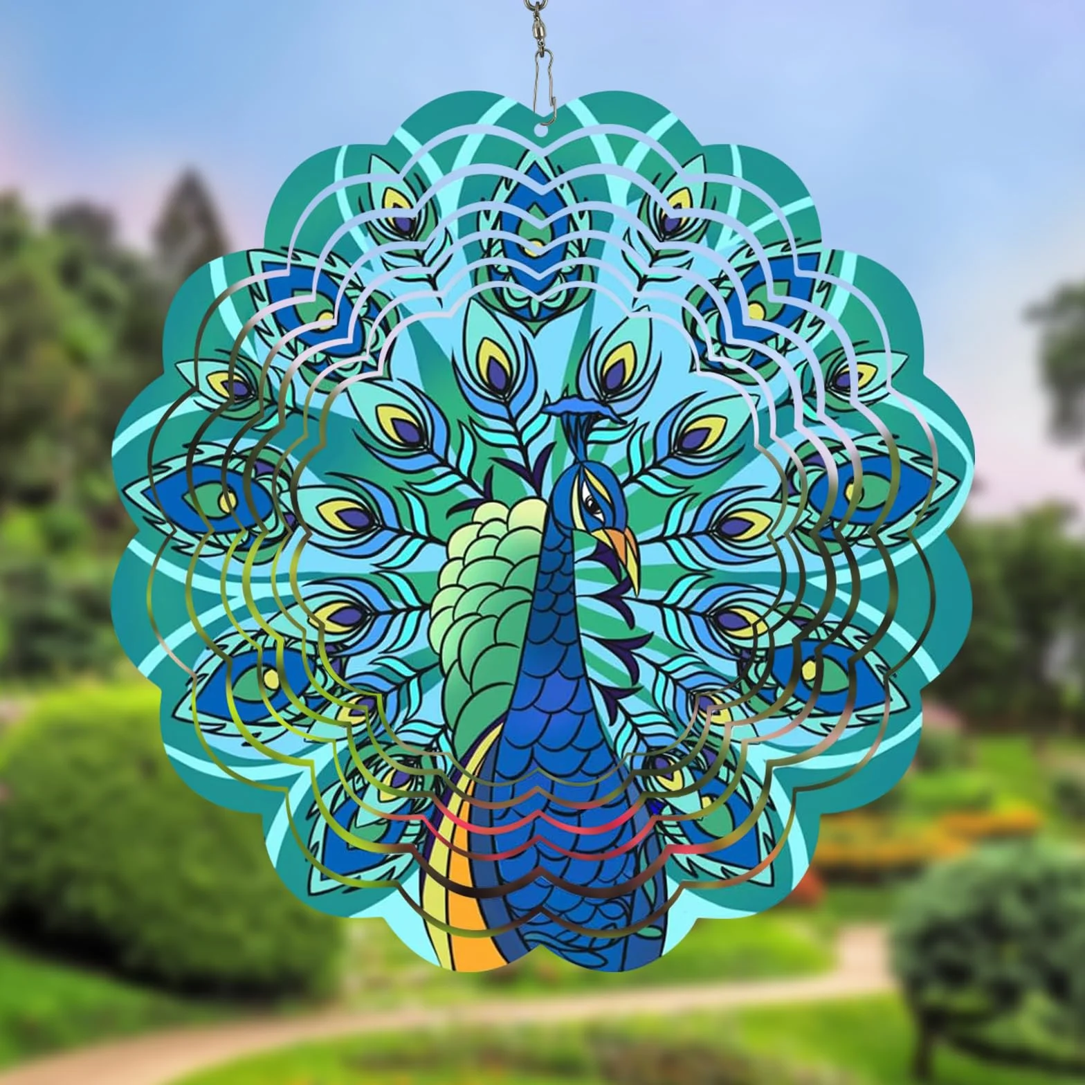 Spinner de Viento de Metal 3D Acero Inoxidable Molino Colgante para Patio Jardín Decoración Pavo Real
