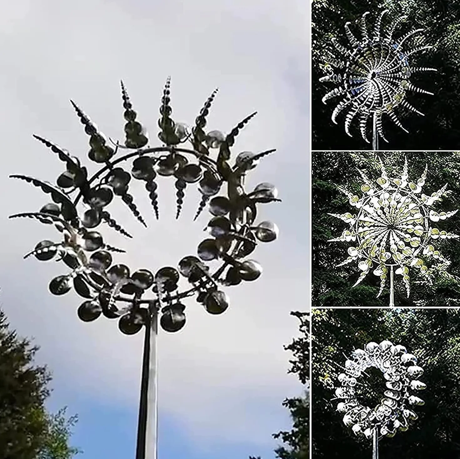 Metal 3D Molino de Viento de Acero Inoxidable Giratorio Escultura Cinética con Estaca de Jardín