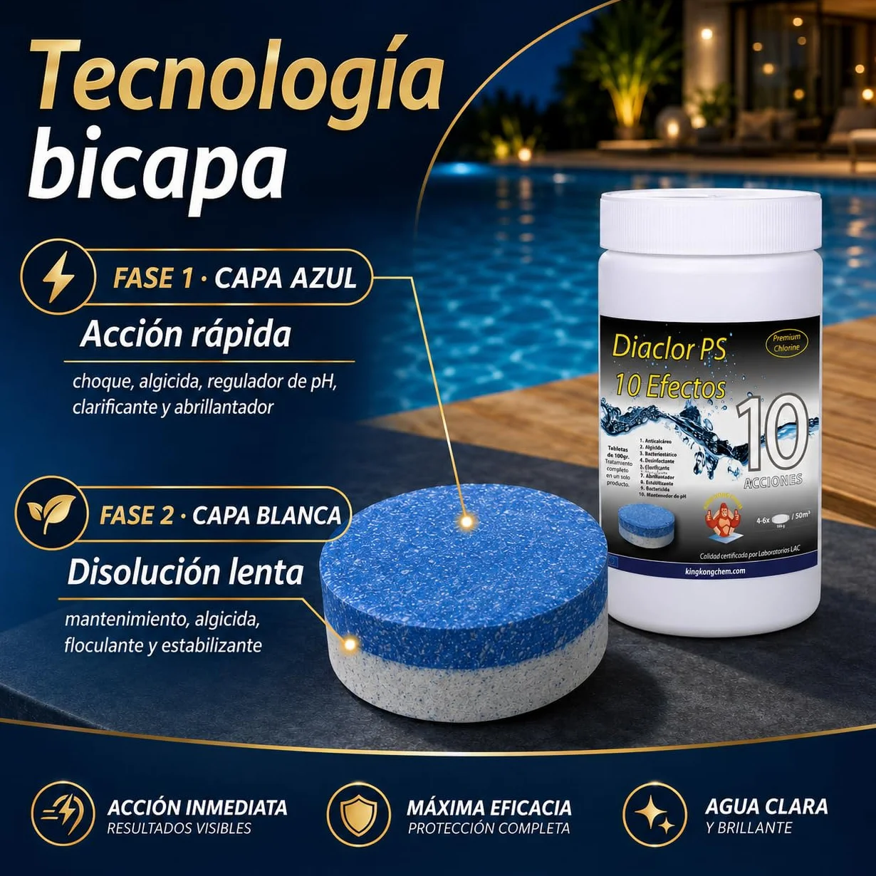 Cloro Total para Piscinas DIACLOR PS 10 1 KG Pastillas de Cloro Multiacción 100 gr