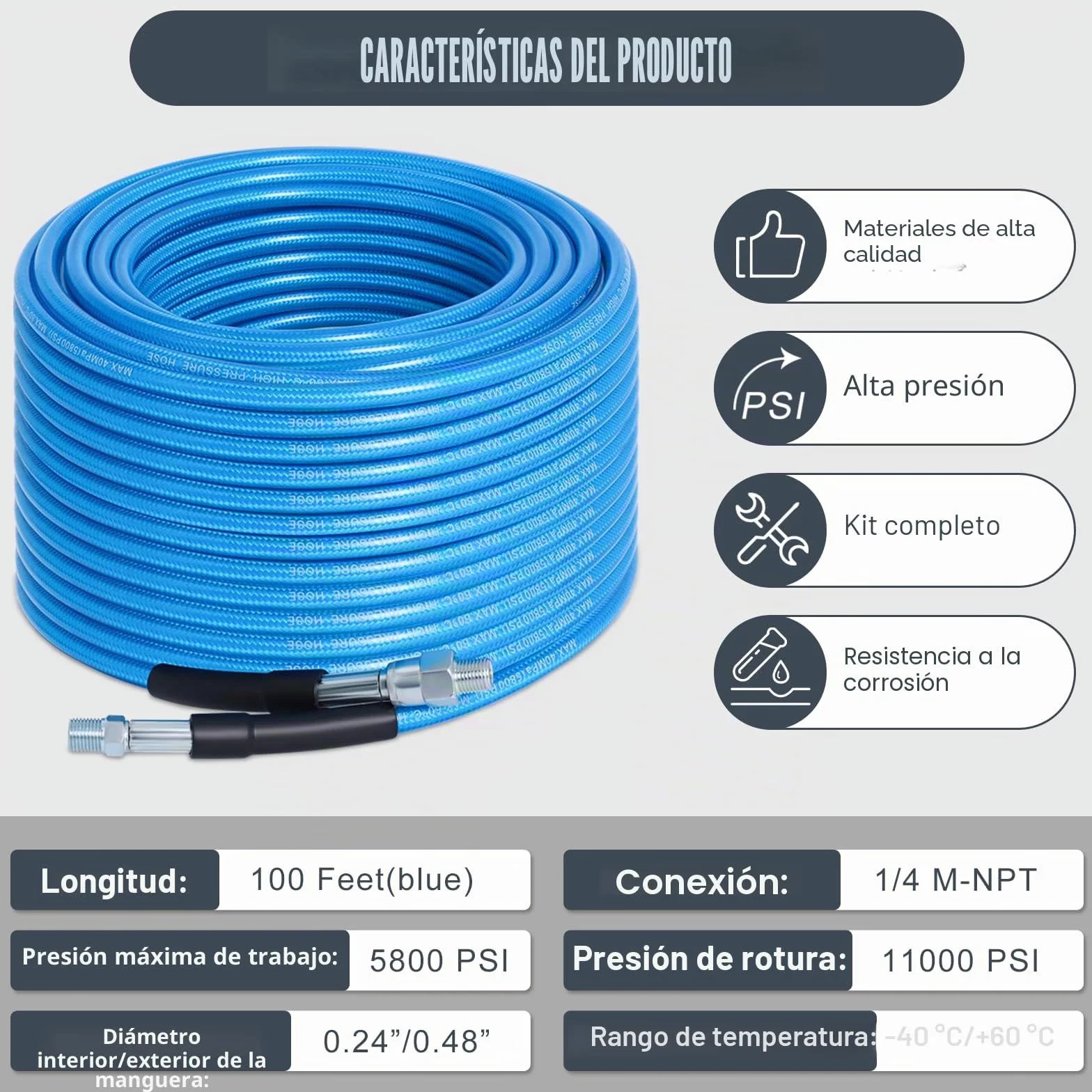 Kit de Limpieza de Tuberías de 30 m para Karcher K2-K7 y Bosch | Manguera Azul de Alta Presión de 5800 PSI con Chorro de Agua para Desatascar y Limpiar Desagües