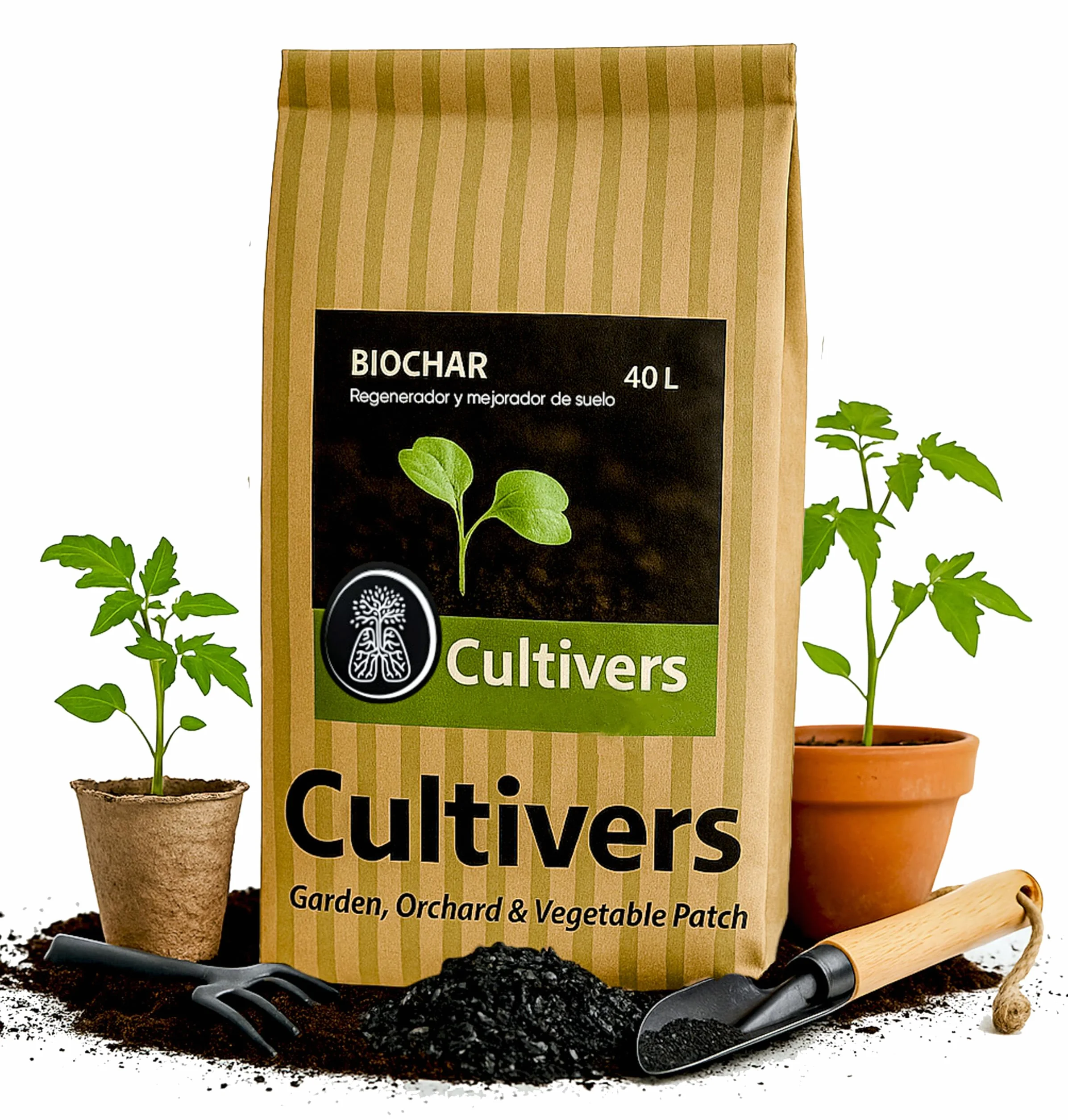 CULTIVERS Biochar Carbón Vegetal 40 L (8kg) Mejorador de Suelo Ecológico para Huerto, Césped, Compost y Plantas