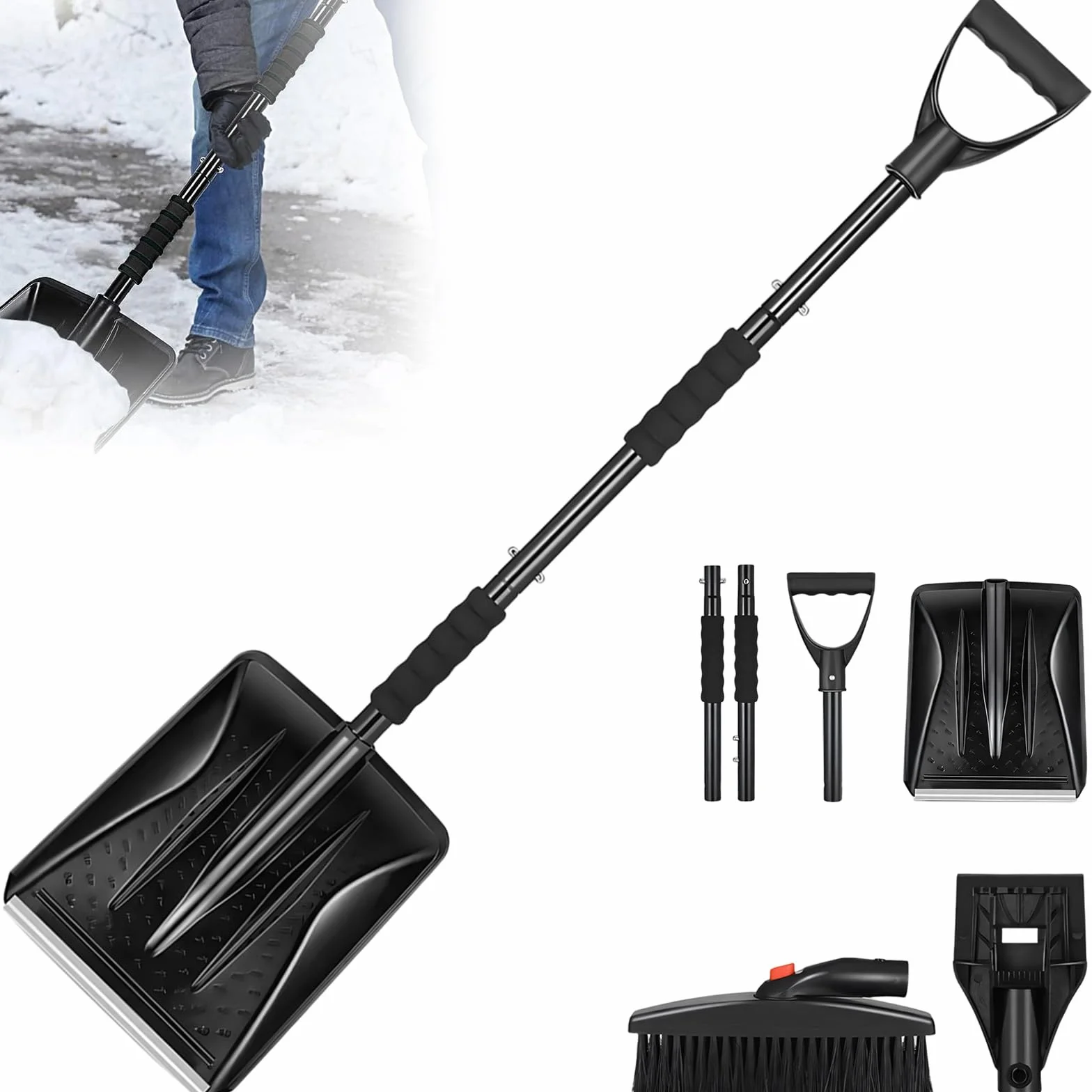 Pala de Nieve Ajustable 112 cm, Diseño Desmontable 3 Piezas, Mango en Forma de D para Coches, Camiones, Camping