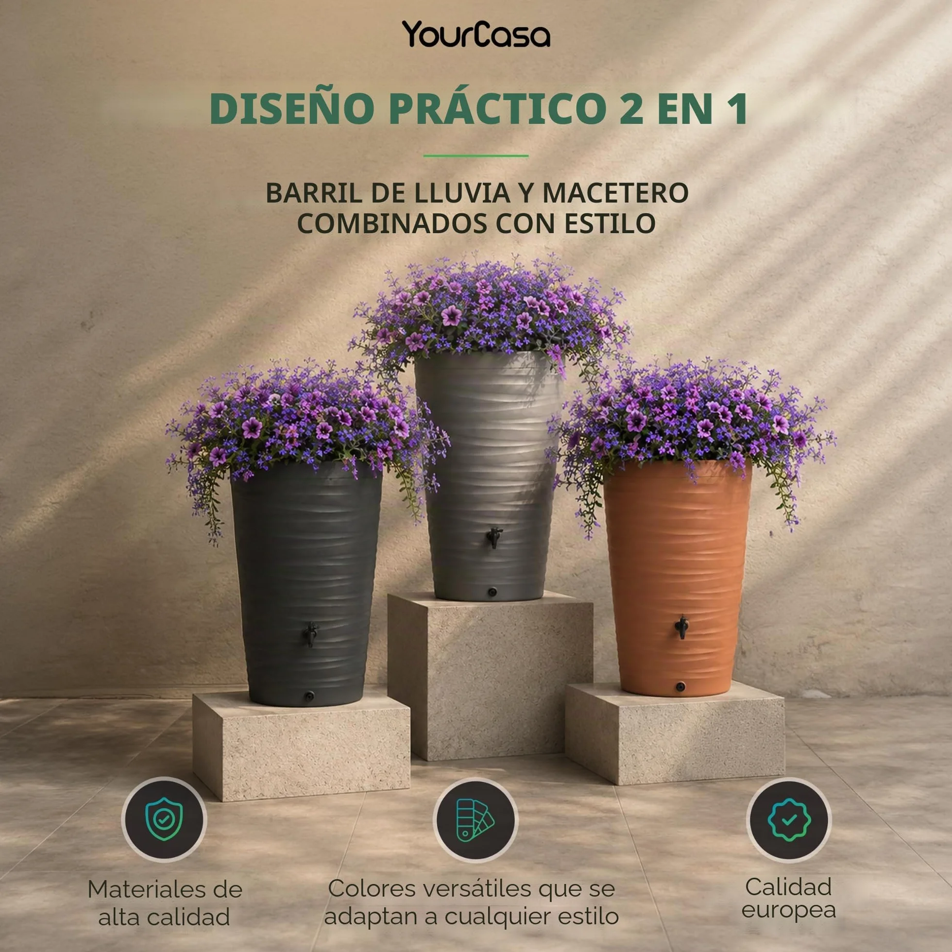 Recuperador de Agua de Lluvia 240 L Con Grifo Depósito de Plástico Diseño de Onda