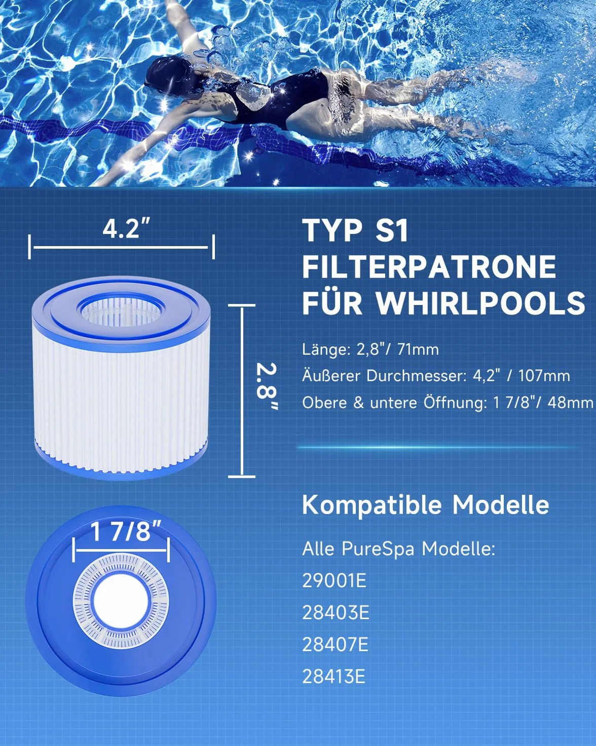 AQUALTRA Filtro S1 para Piscina, SPA Compatible con PureSpa Bomba 107 x 71 mm 6 Piezas