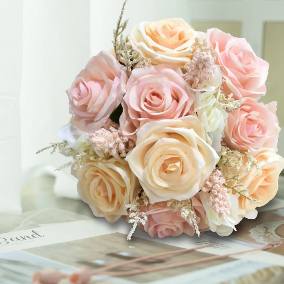Ramo de Rosas Artificiales Hecho a Mano, Romántico, para Novia, Dama de Honor