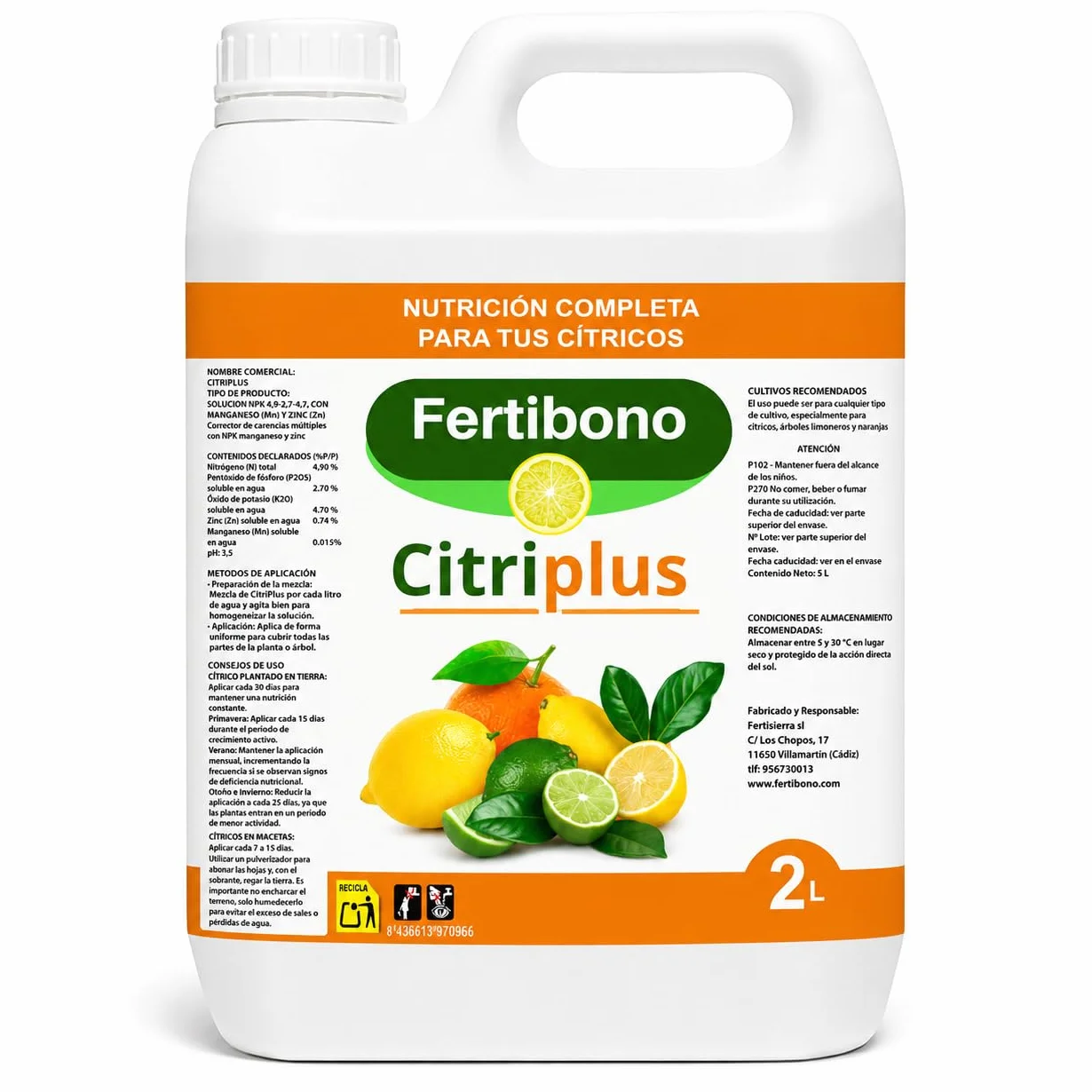 Fertibono CitriPlus Abono Cítricos 2L Rico en Hierro Zinc Magnesio NPK Ecológico