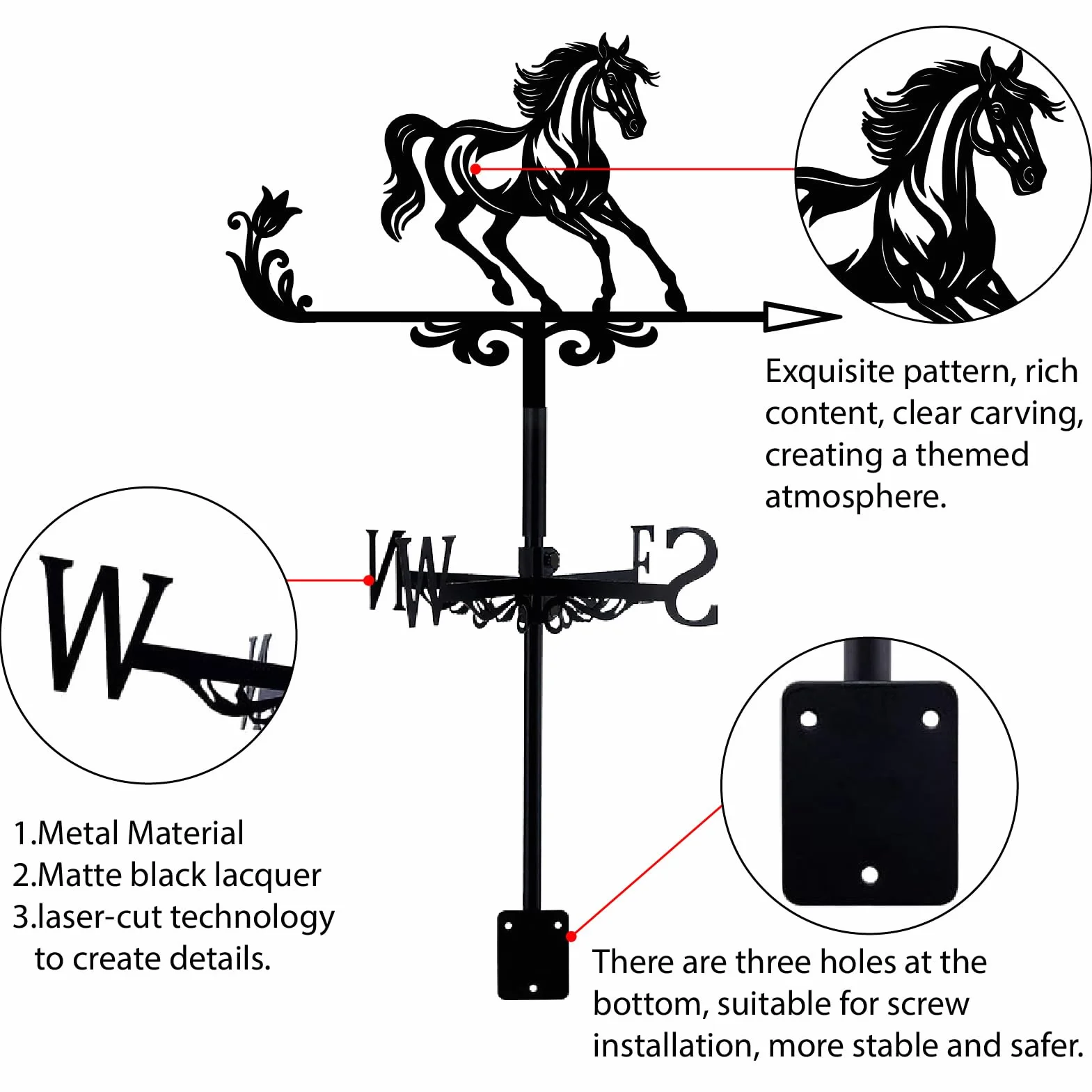Veleta de Metal Caballo Negro Indicador Dirección Viento 9.9 x 14 Pulgadas