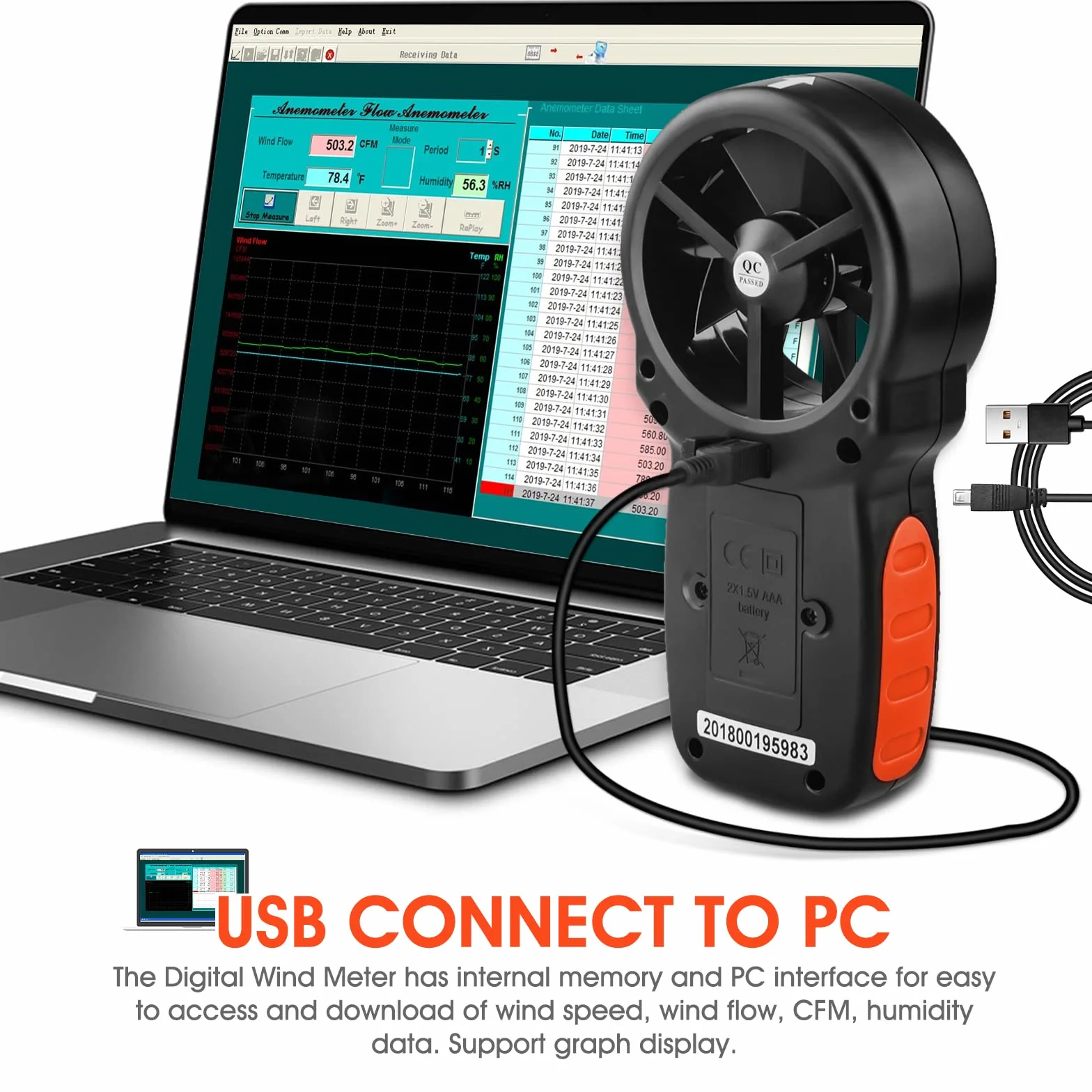 Anemómetro Digital de Mano 866A, Medidor de Velocidad del Viento, Flujo del Aire, Temperatura, Humedad, Puerto USB para HVAC