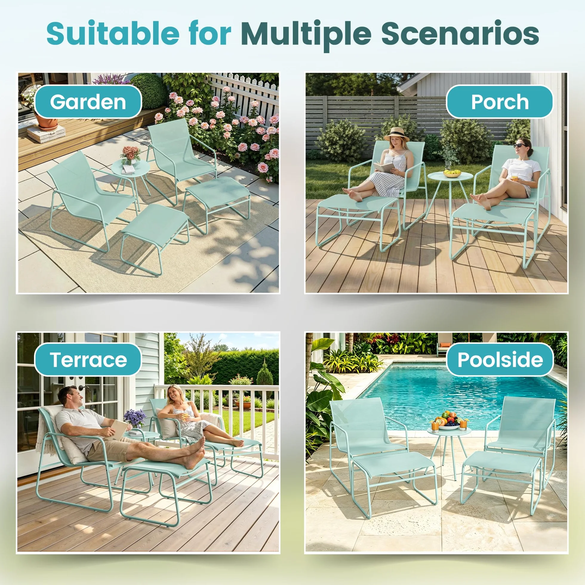 Pamapic Conjunto de Jardín de 5 Piezas, Muebles de Jardín con Mesa y Sillas, Tejido Textilene Transpirable, Verde
