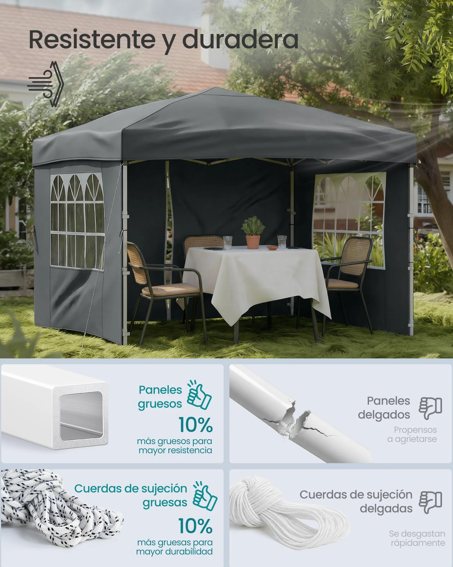 SONGMICS Cenador 3 x 3 m con Paneles Laterales, Carpa Plegable, Protección Solar, Resistente a Lluvia Ligera, Portátil, para Patio, Jardín, Mercadillo, Gris Oscuro GCT104GZ01