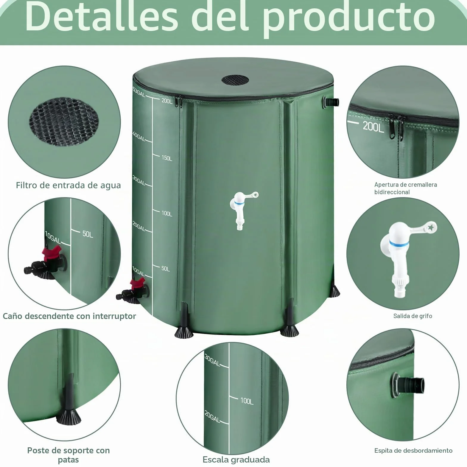 Barril de lluvia plegable 53 galones 200 L Oxford 1000D con kit de recogida