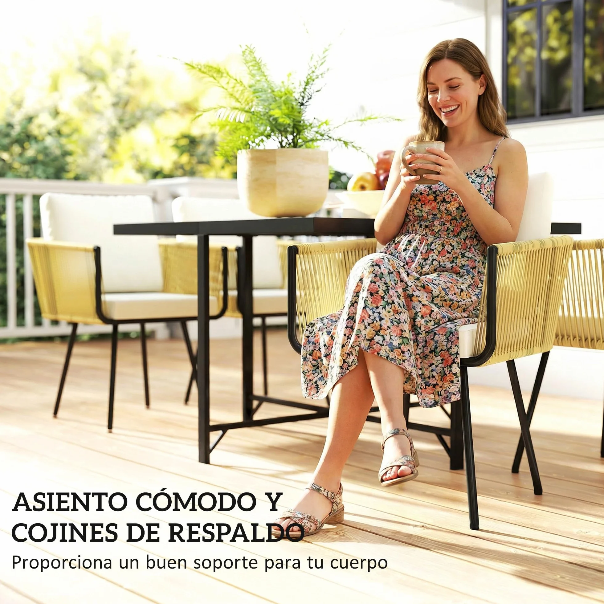 Outsunny Conjunto de Mesa y Sillas Jardín de Ratán de 5 Piezas, Muebles Jardín Exterior con Mesa de Plástico-Madera y 4 Sillas con Cojines Extraíbles, Marco de Metal Resistente para Terraza, Beige