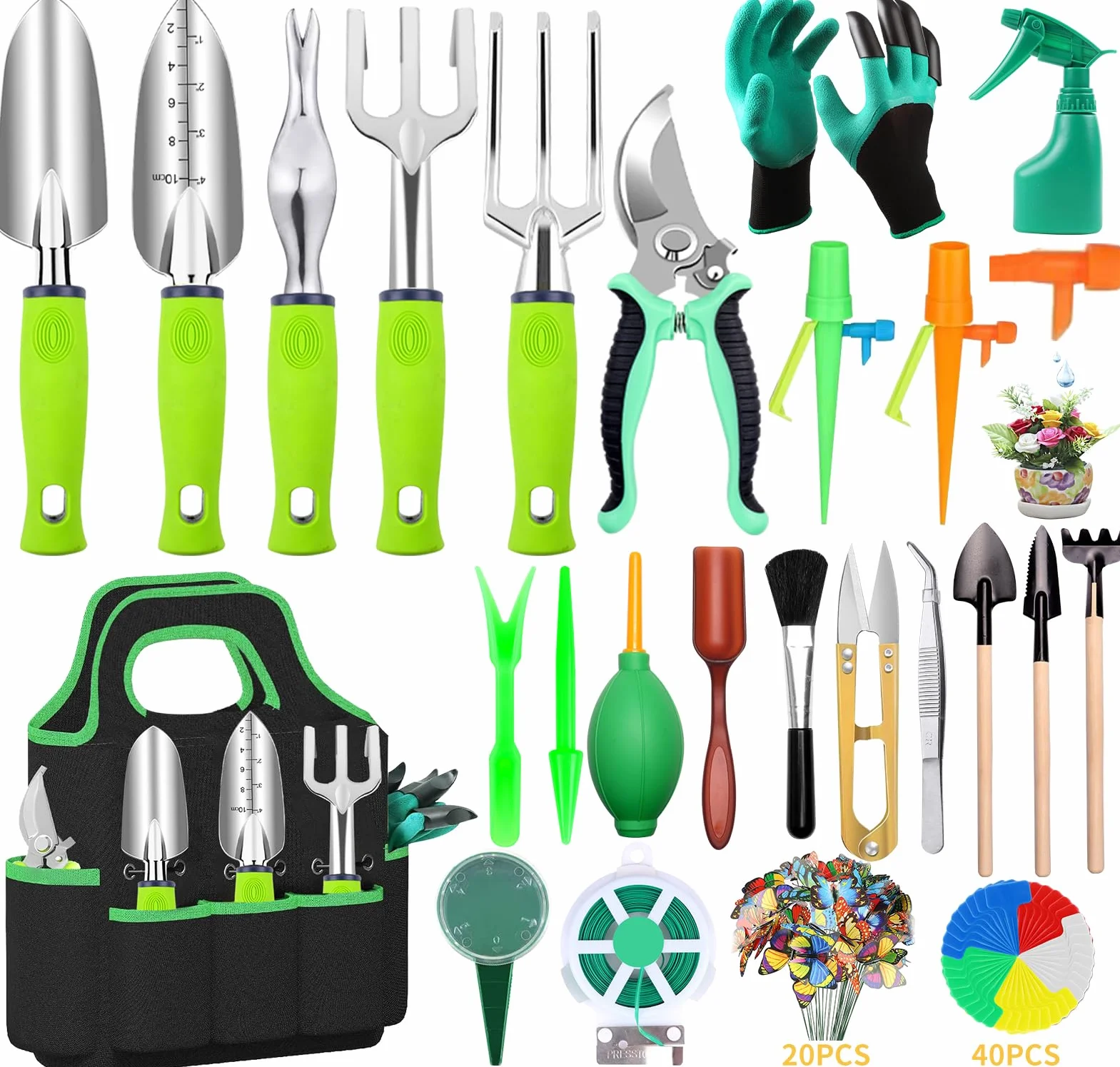 Juego de 84 herramientas de jardín, juego de 10 herramientas suculentas que incluye 6 herramientas manuales grandes de aluminio resistente de 12.5 pulgadas con bolsa de herramientas de jardín, guantes