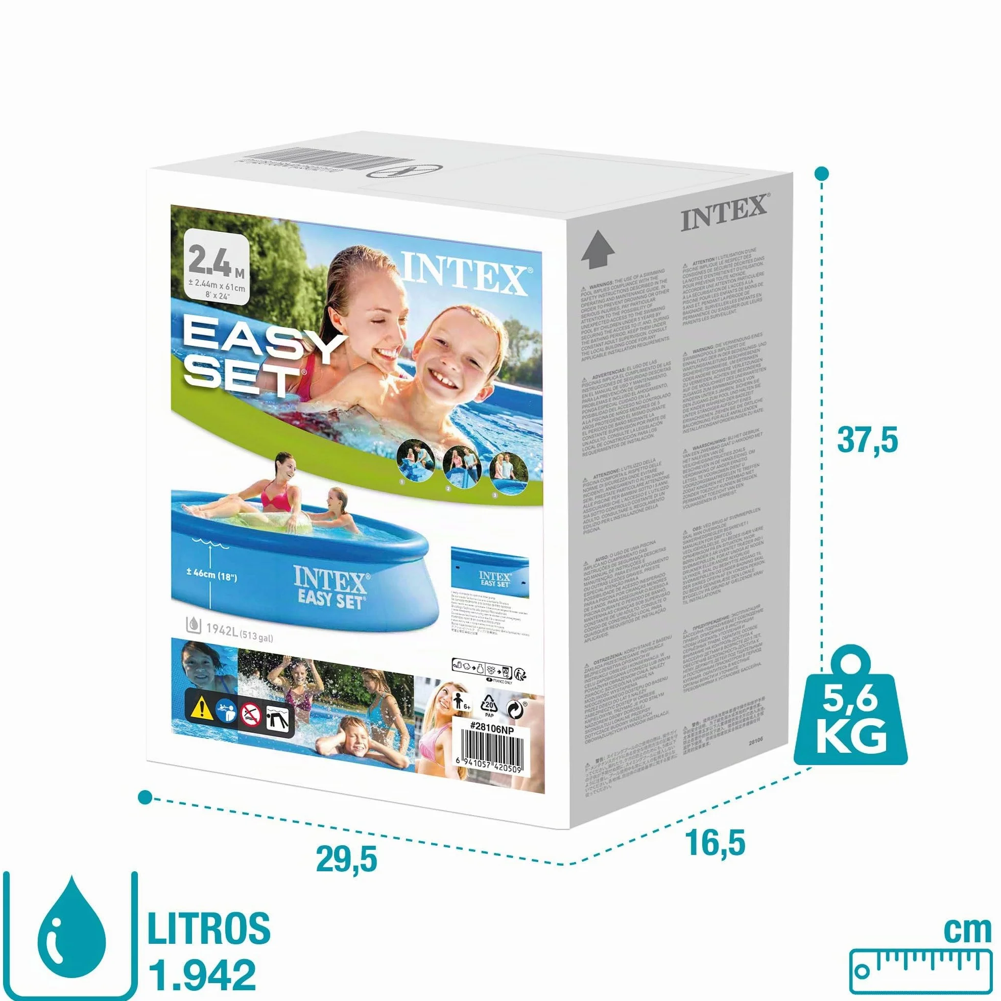 Intex Piscina Hinchable Redonda Ø244x61 cm 1.942 litros para 2 Personas