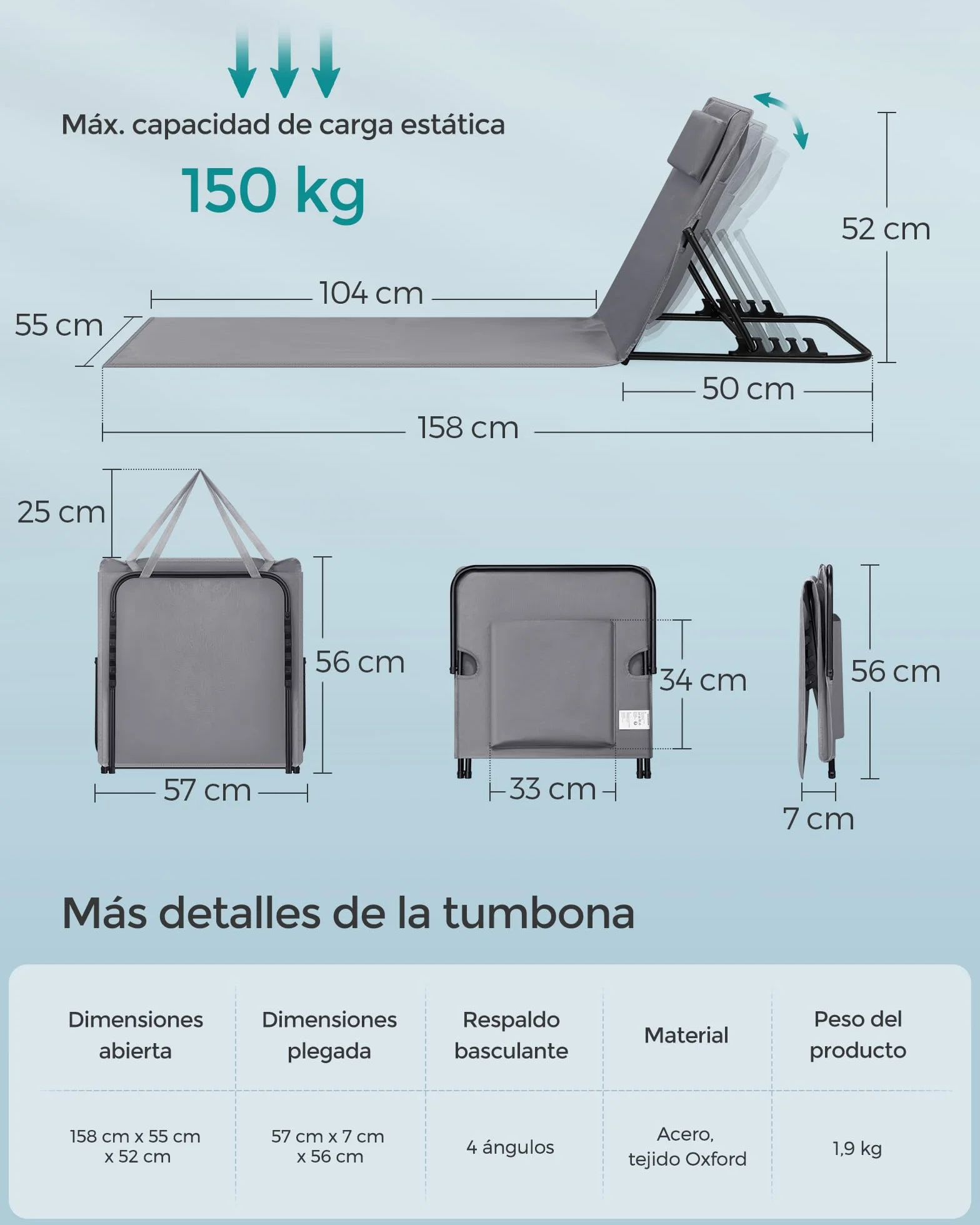 SONGMICS Juego de 2 Tumbonas de Playa, Respaldo Basculante, Portátil, 158x55 cm, Gris Pizarra