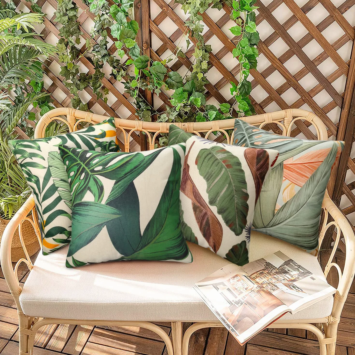 Fundas de Cojines Exterior 40x40cm Impermeable Plantas Tropicales Lino 4 Piezas