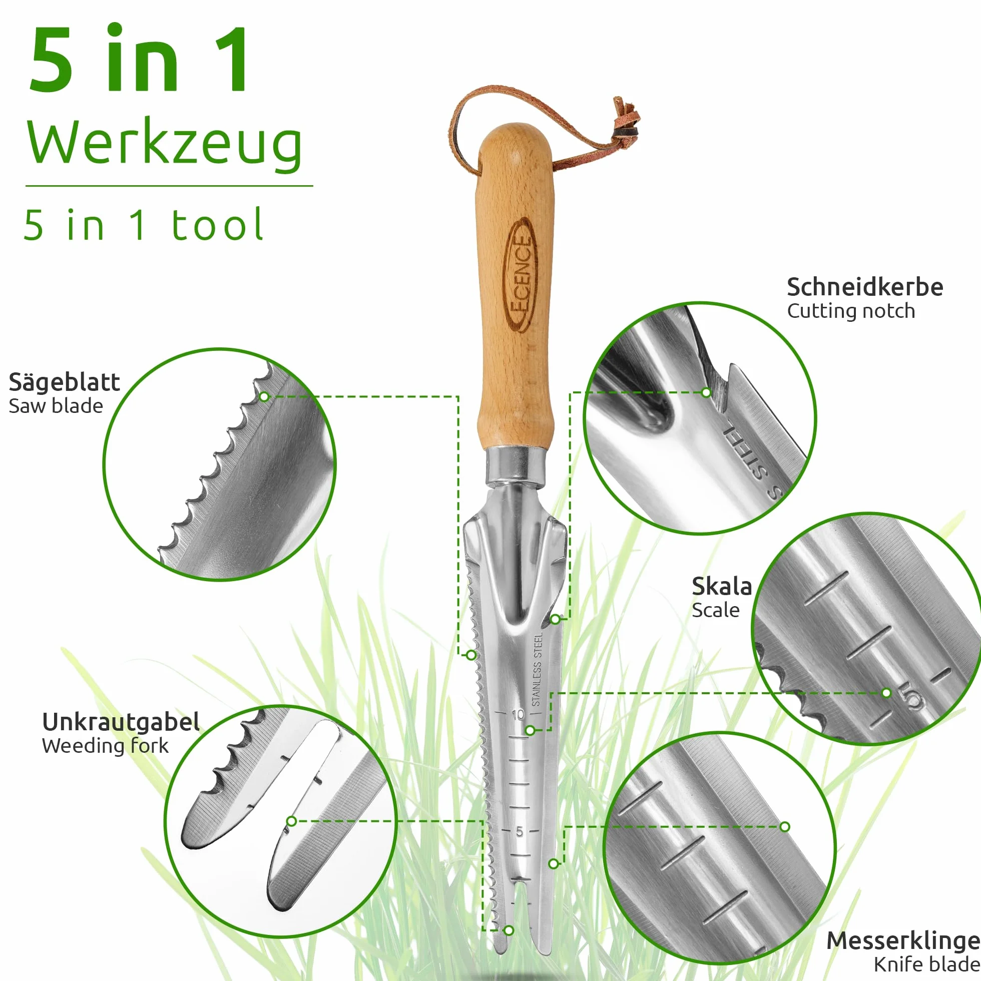 ECENCE Extractor de Malas Hierbas de Acero Inoxidable con Mango de Madera
