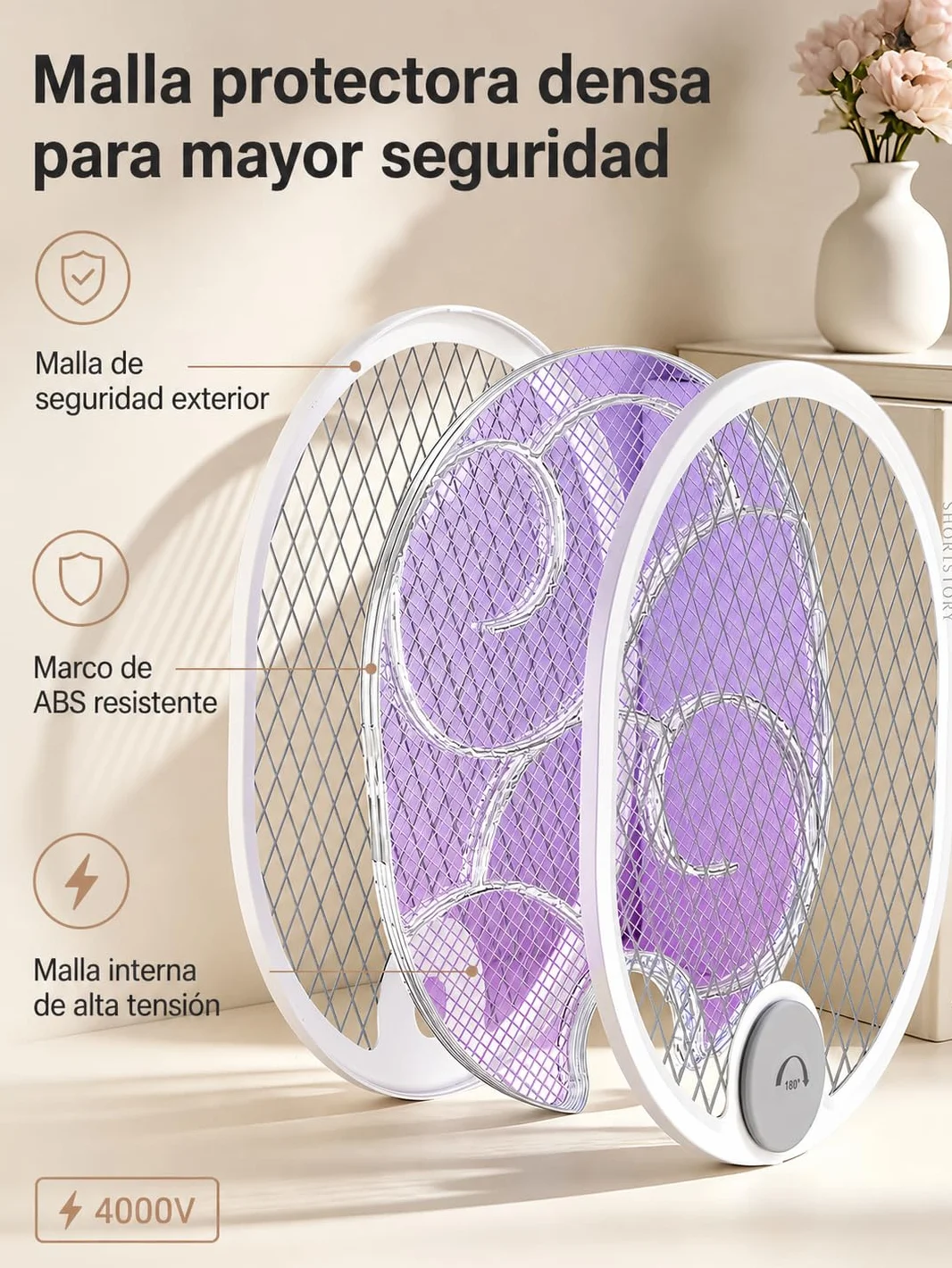 Raqueta Mosquitos Eléctrico Plegable 4000V 1800mAh USB 3 en 1 Recargable Mosquito Killer Trampa Portátil 3 Capas Malla Seguridad Base Soporte Pared