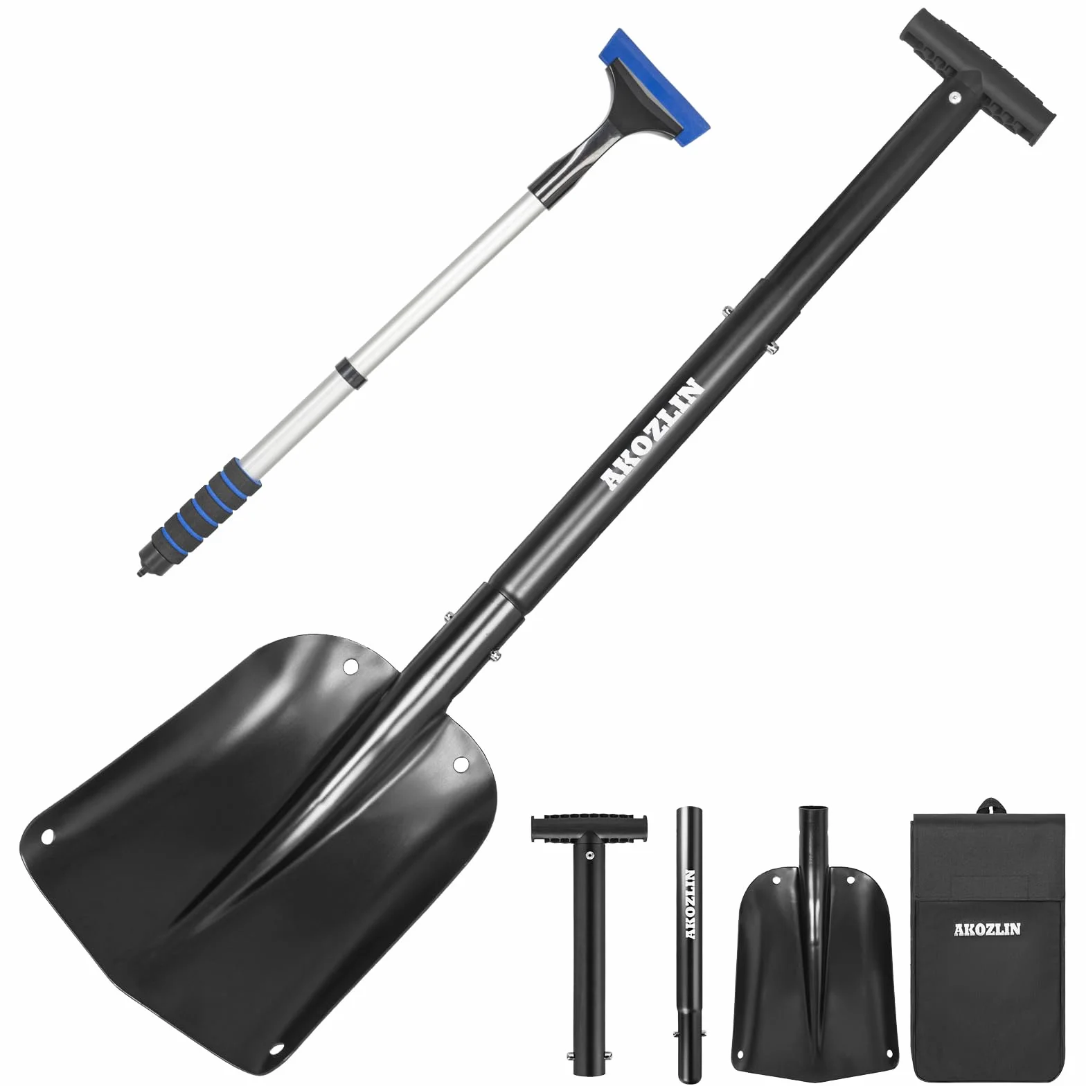 Pala telescópica de emergencia para nieve de aluminio, 21.2-32.3 pulgadas, plegable, con raspador de hielo y bolsa