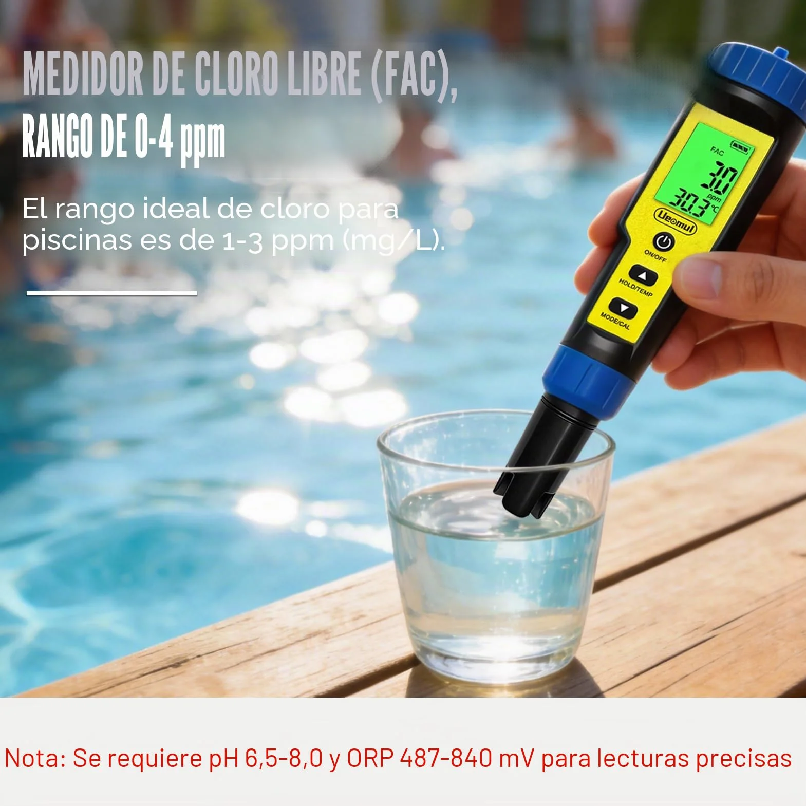 Medidor Cloro y pH Piscinas 7 EN 1, Tester pH Cloro (FAC） TDS EC SALT ORP y TEMP con ATC, Analizador Agua Impermeable IP67, profesional pH Meter para agua potable, hidroponía y spa