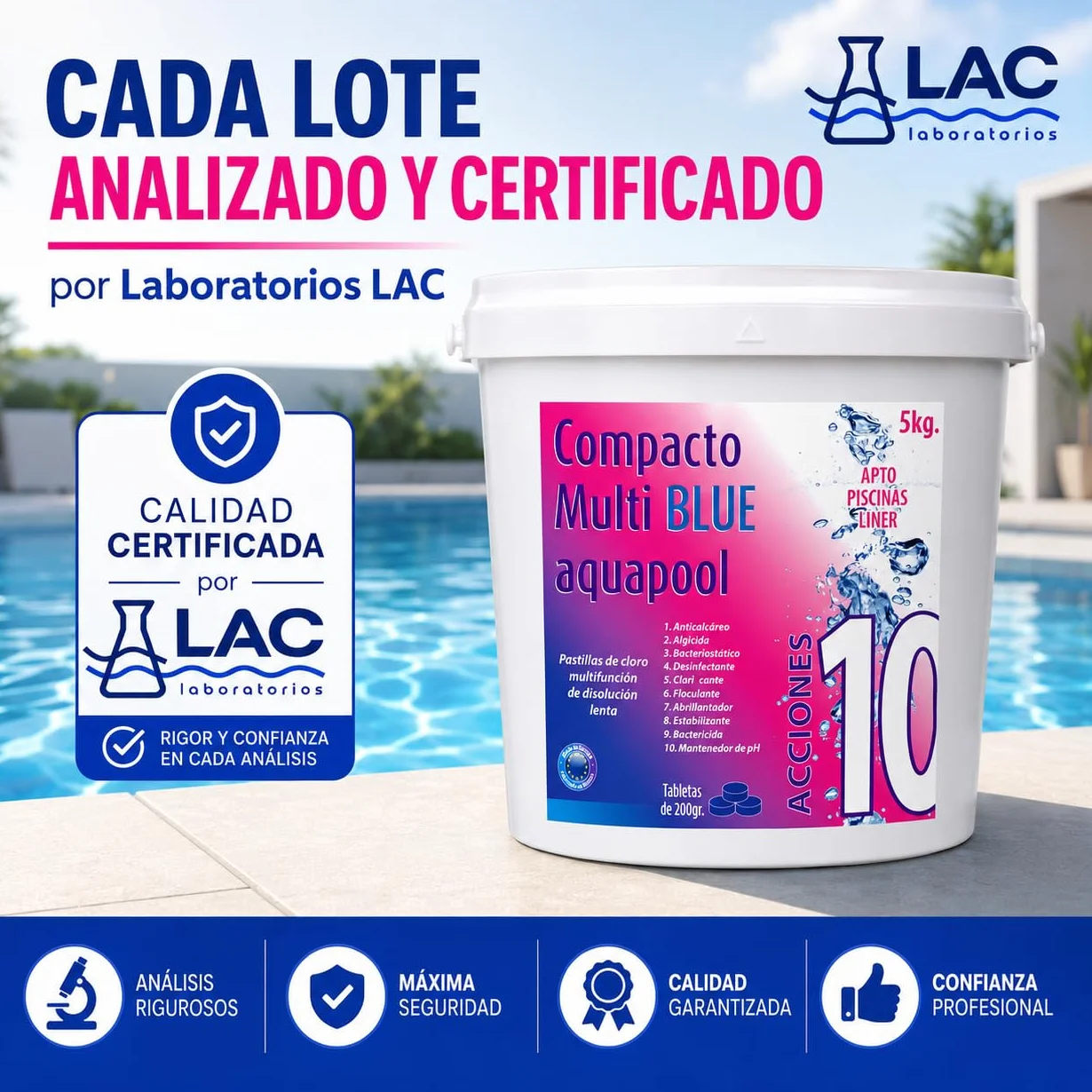 Aquapool Compacto 10 ACCIONES Pastillas de Cloro multifunción Disolución Lenta Apto Piscinas Liner 5 KG