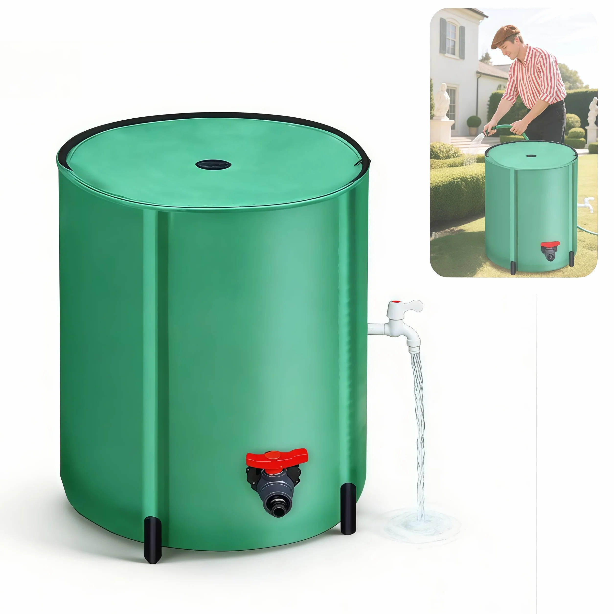 Barril de Lluvia Plegable 200L Verde con Tapa, Filtro y Grifos para Jardín