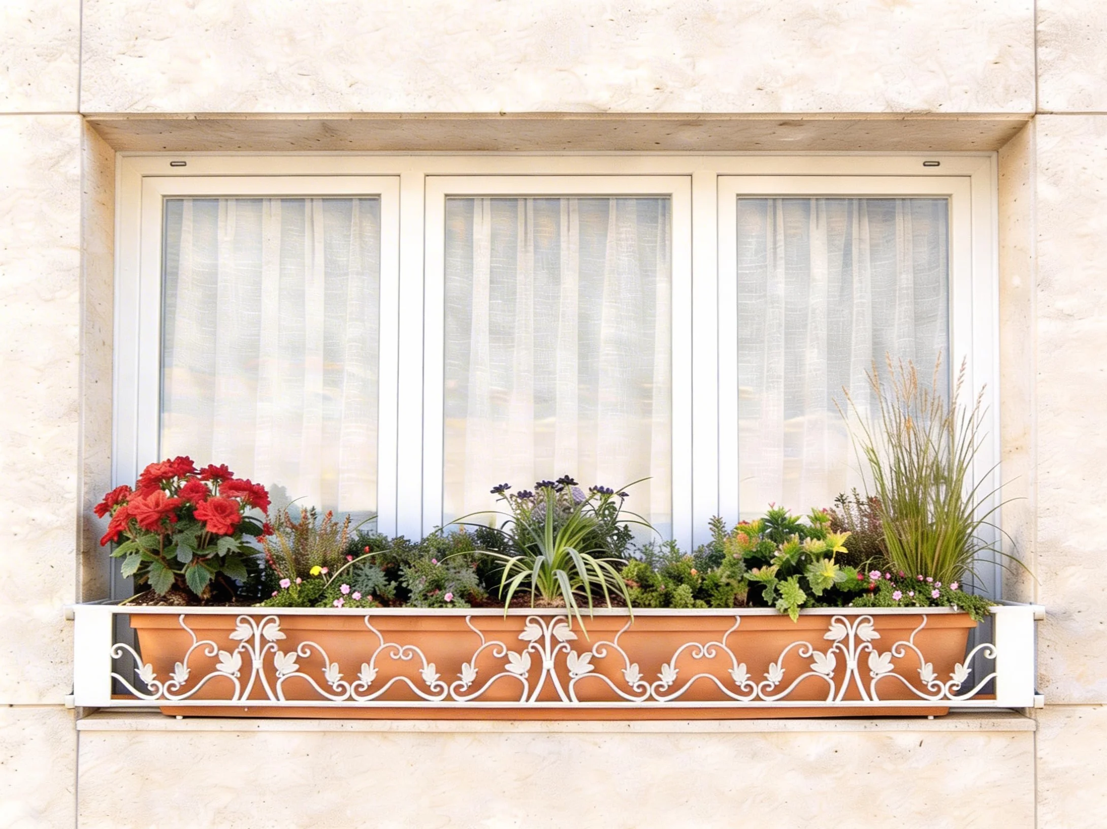 Balconcillo para Macetas, Balconcillo para Plantas, Portamacetas Ventana, Protector de macetas, Modelo Floral Extensible 140-200 cm, Blanco